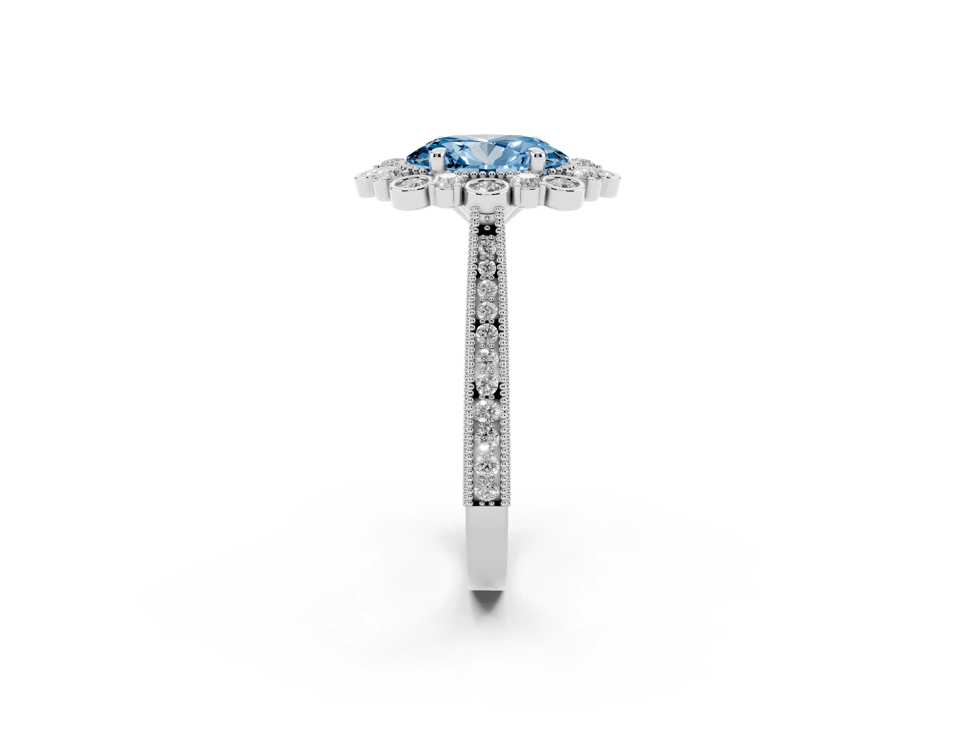 Fancy Blue Oval Cut Diamond Halo Milgrain Pavé Ring Set in Silver with Prong Setting