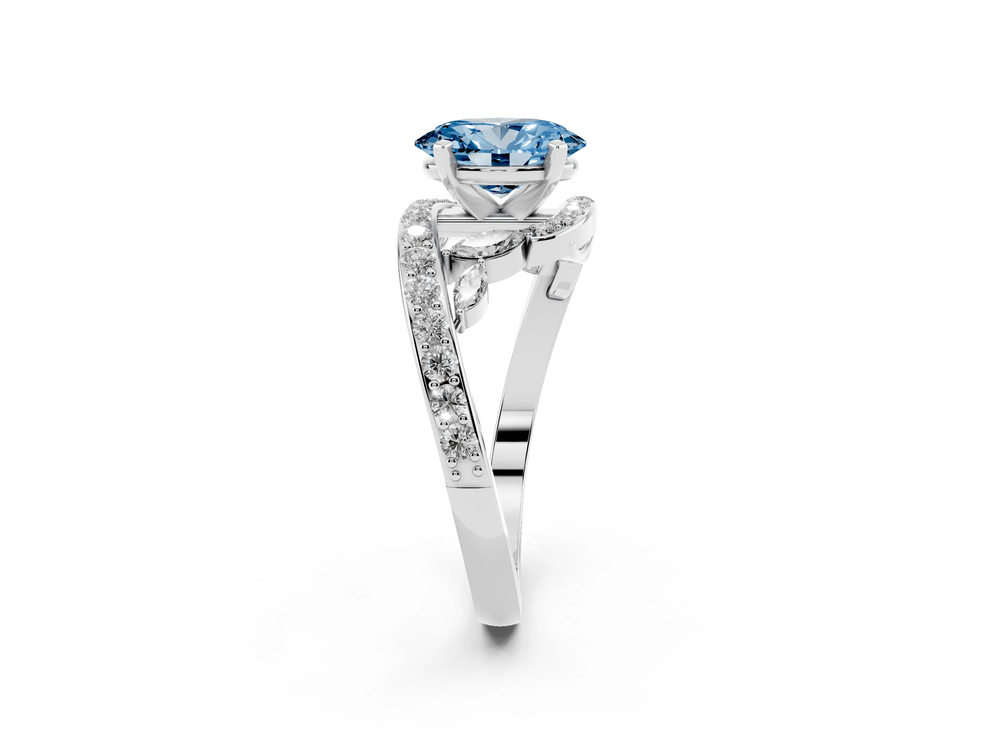 Fancy Blue Oval Cut Diamond Solitaire Ring Set in Silver with Pavé Twist Band and Secure Prong Setting