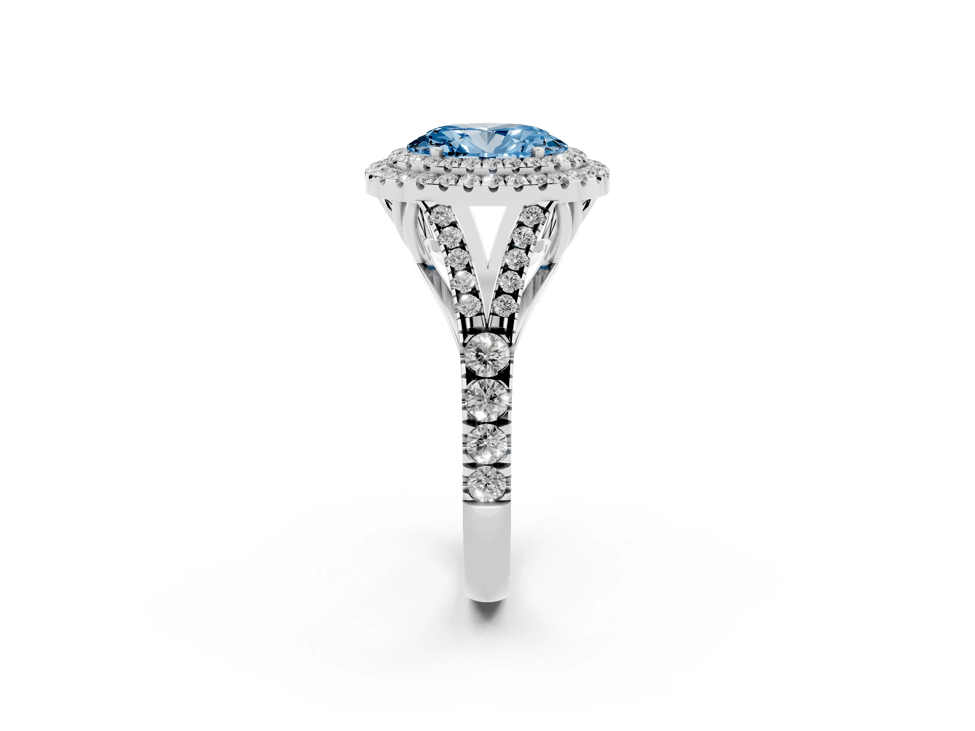 Fancy Blue Oval Cut Diamond Pavé Split Shank Double Halo Engagement Ring Set in Silver
