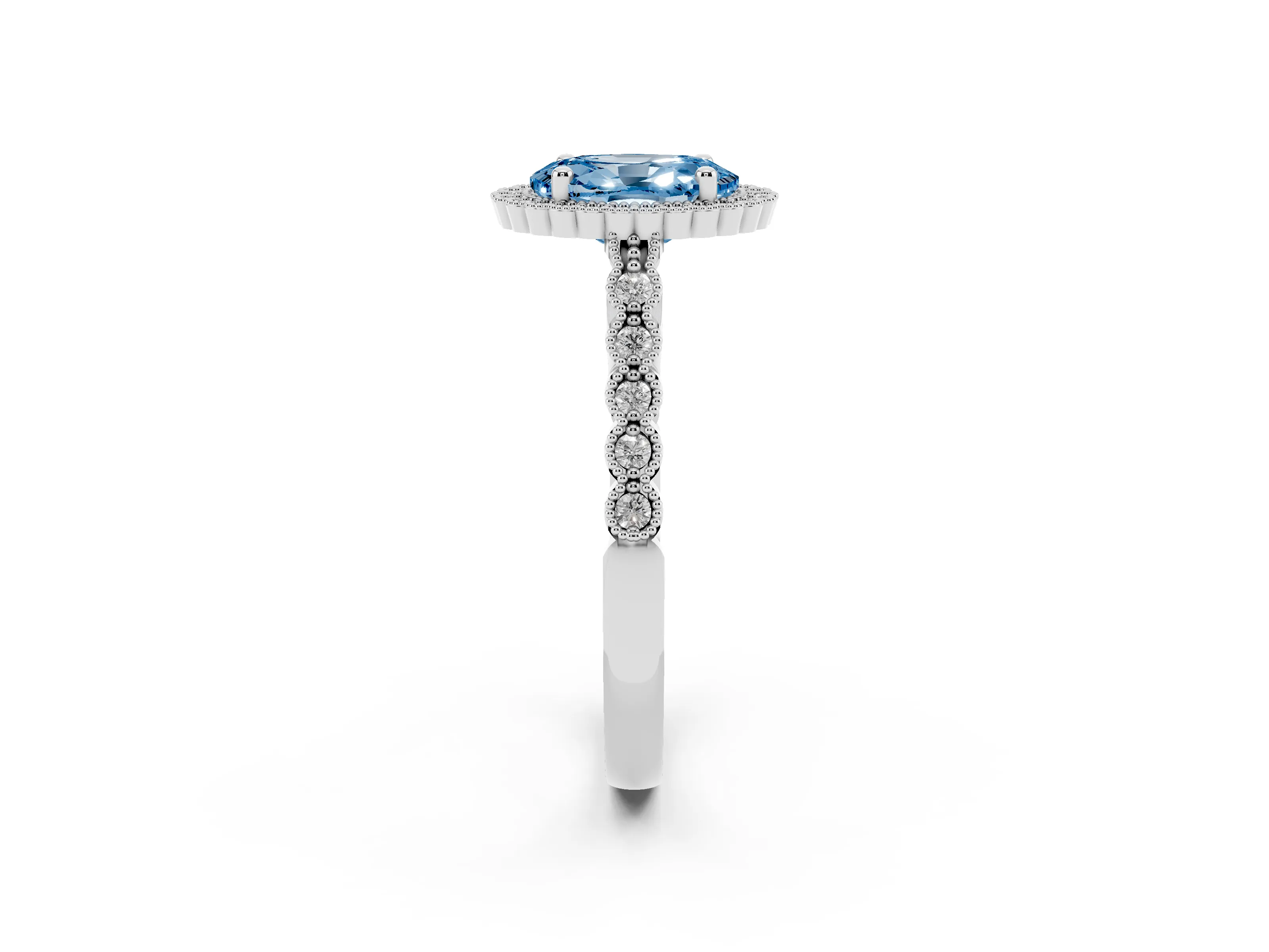 Fancy Blue Oval Cut Diamond Halo Ring Set in Platinum with Pavé Milgrain Band