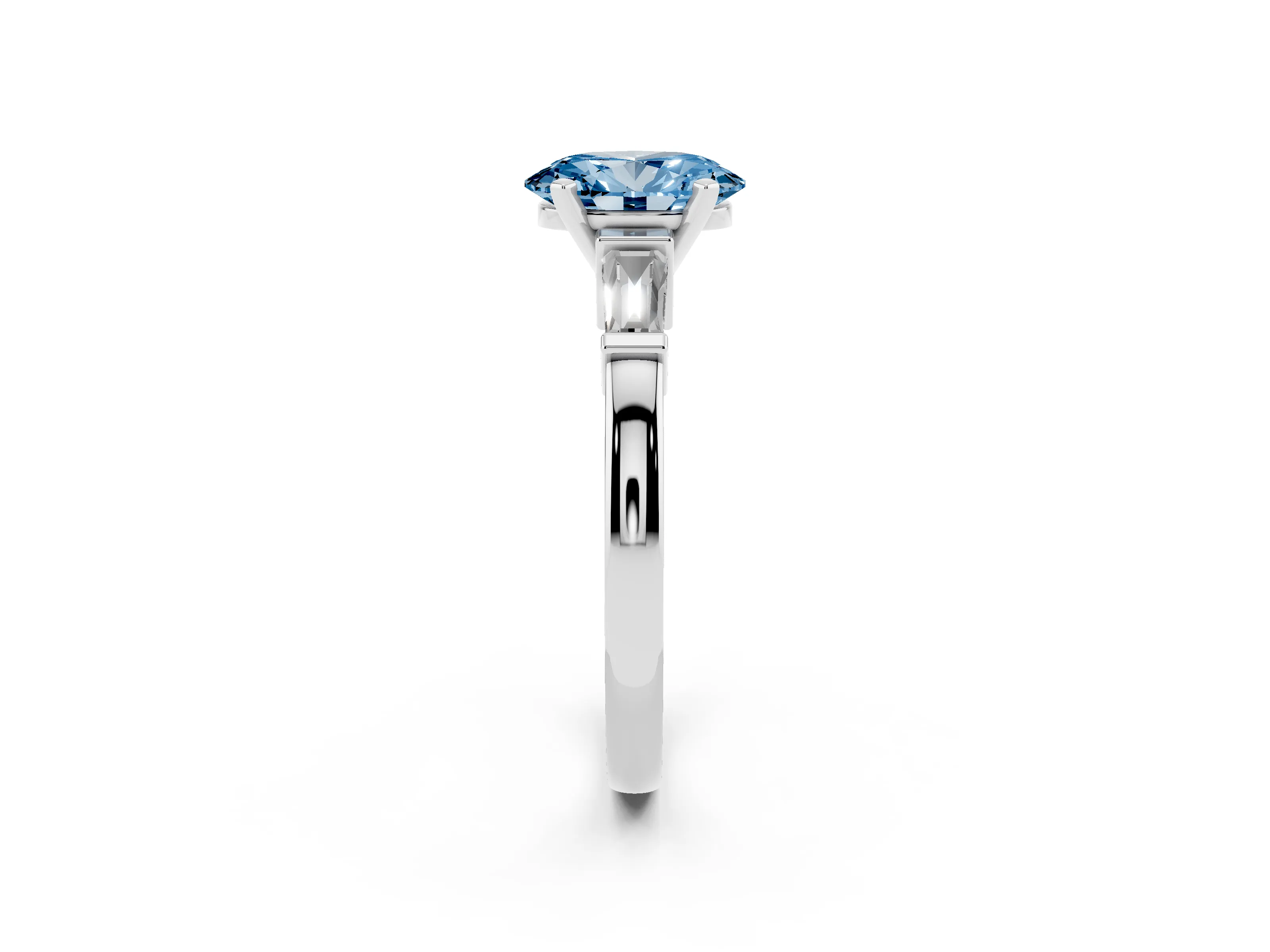 Fancy Blue Oval Cut Diamond Solitaire Ring Set in White gold with Tapered Baguette Accents and Prong Setting