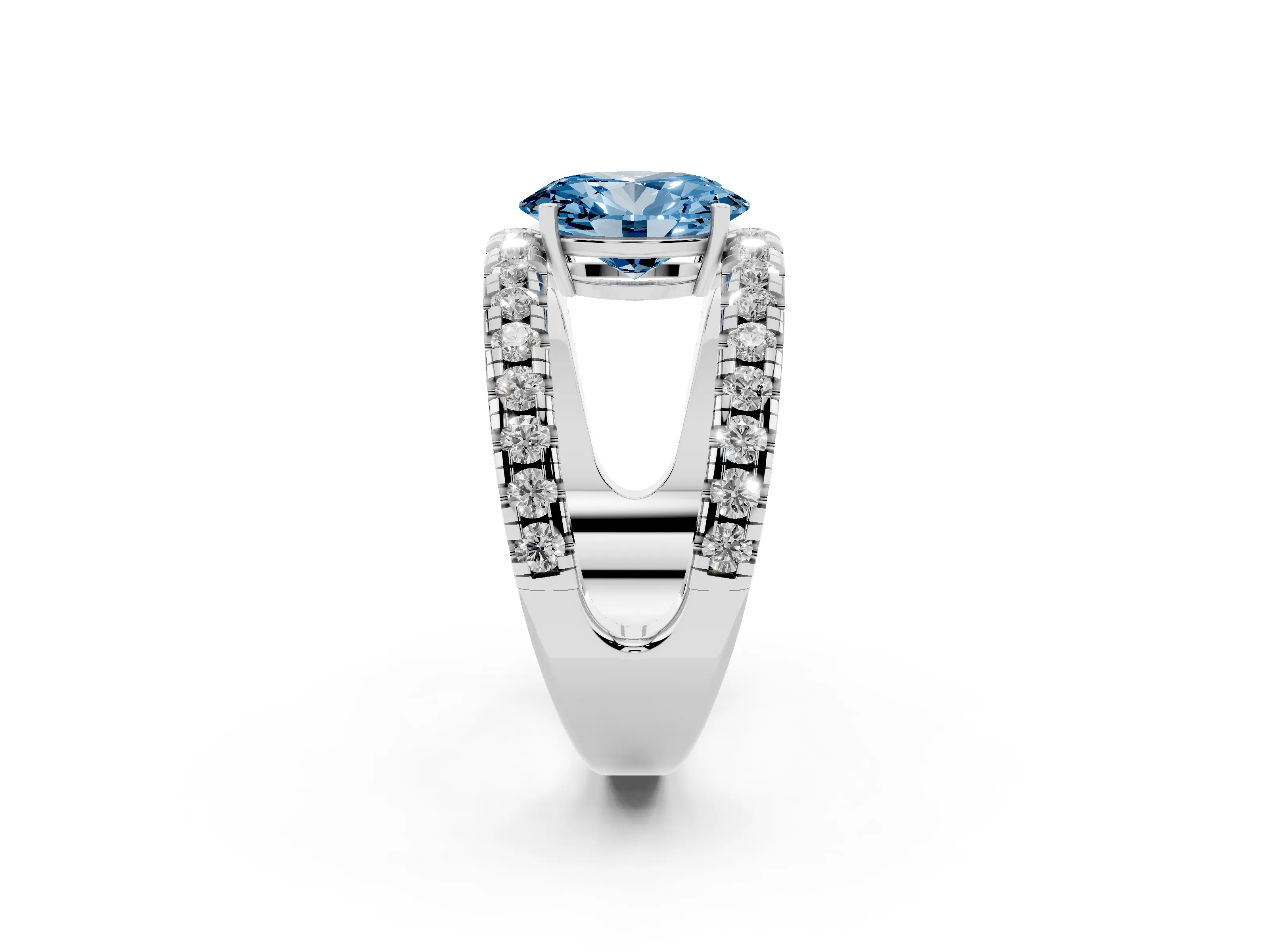 Fancy Blue Oval Cut Diamond Split Shank Pavé Solitaire Ring Set in Silver with Open Shank Design