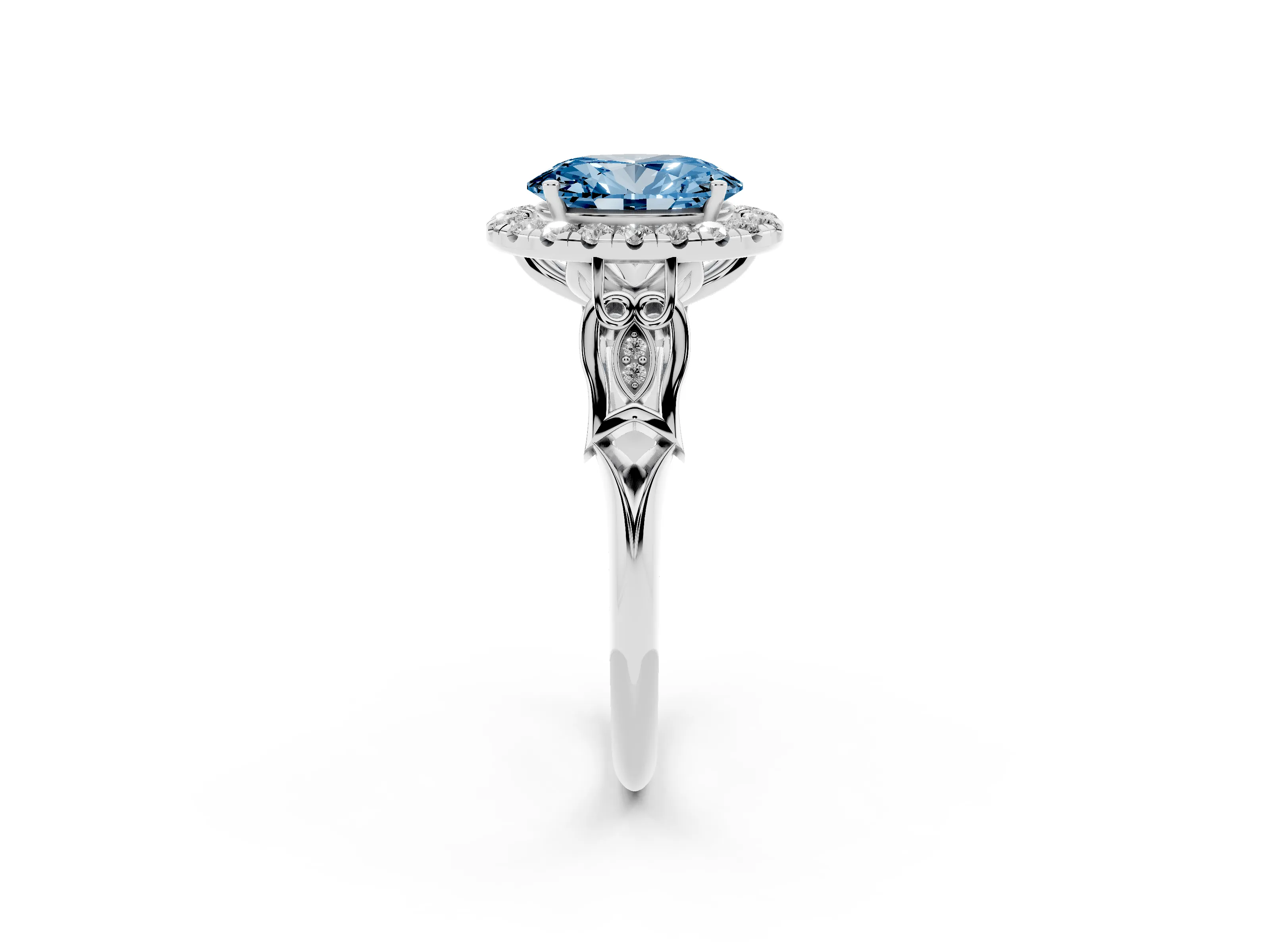 Fancy Blue Oval Cut Diamond Halo Engagement Ring Set in Platinum with Filigree Band and Prong-Set Center