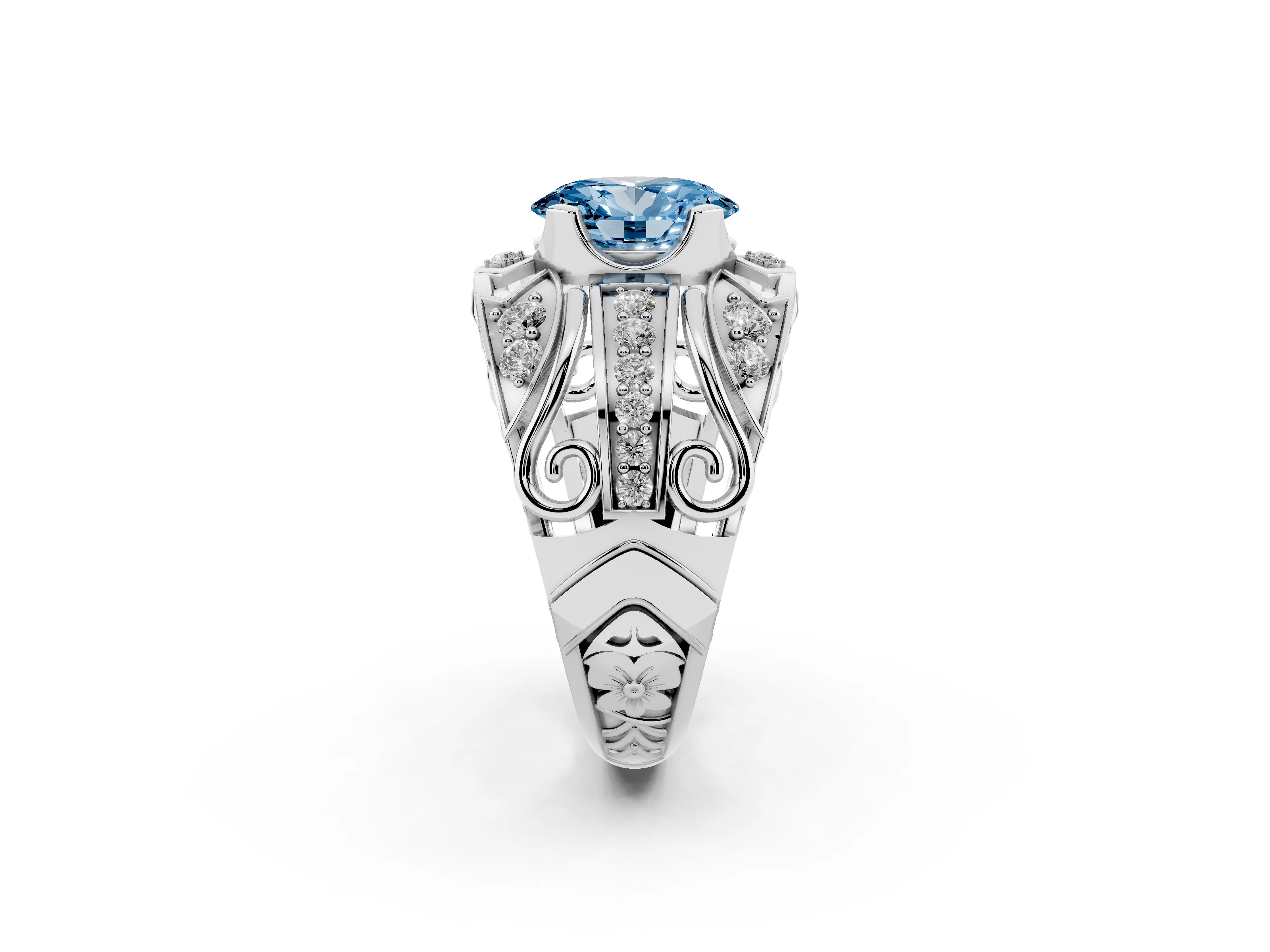 Fancy Blue Oval Cut Diamond Art Deco Ring Set in Platinum with Pavé Split Shank