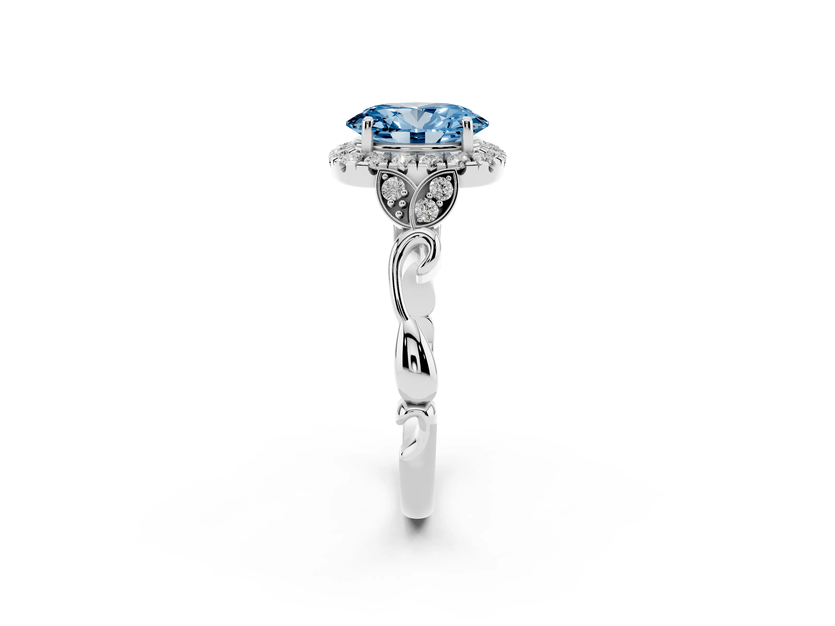 Fancy Blue Oval Cut Diamond Halo Engagement Ring Set in White gold with Vintage-Inspired Band and Prong Setting