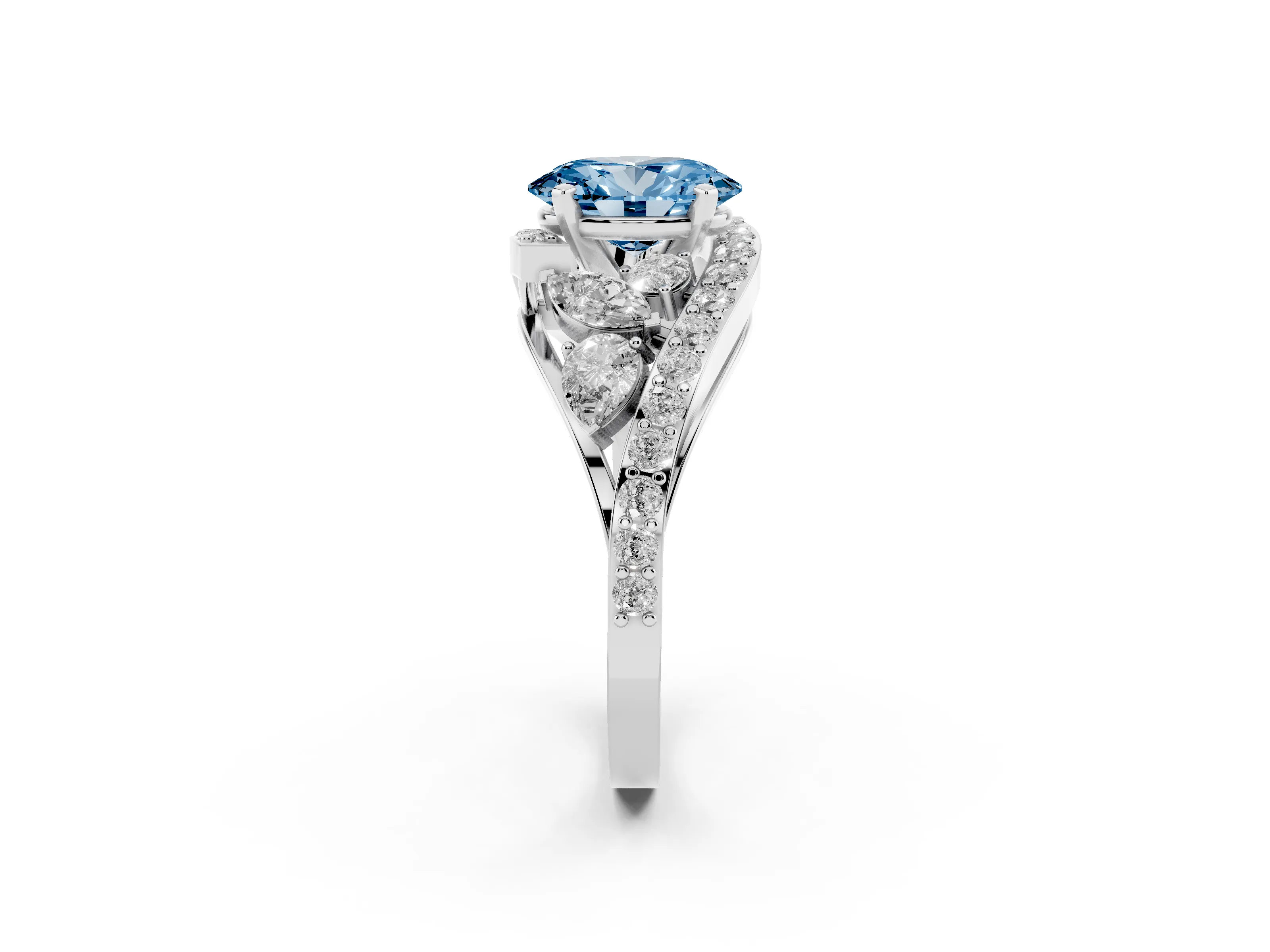 Fancy Blue Oval Cut Diamond Halo Ring Set in White gold with Marquise and Pavé Band in Prong Setting