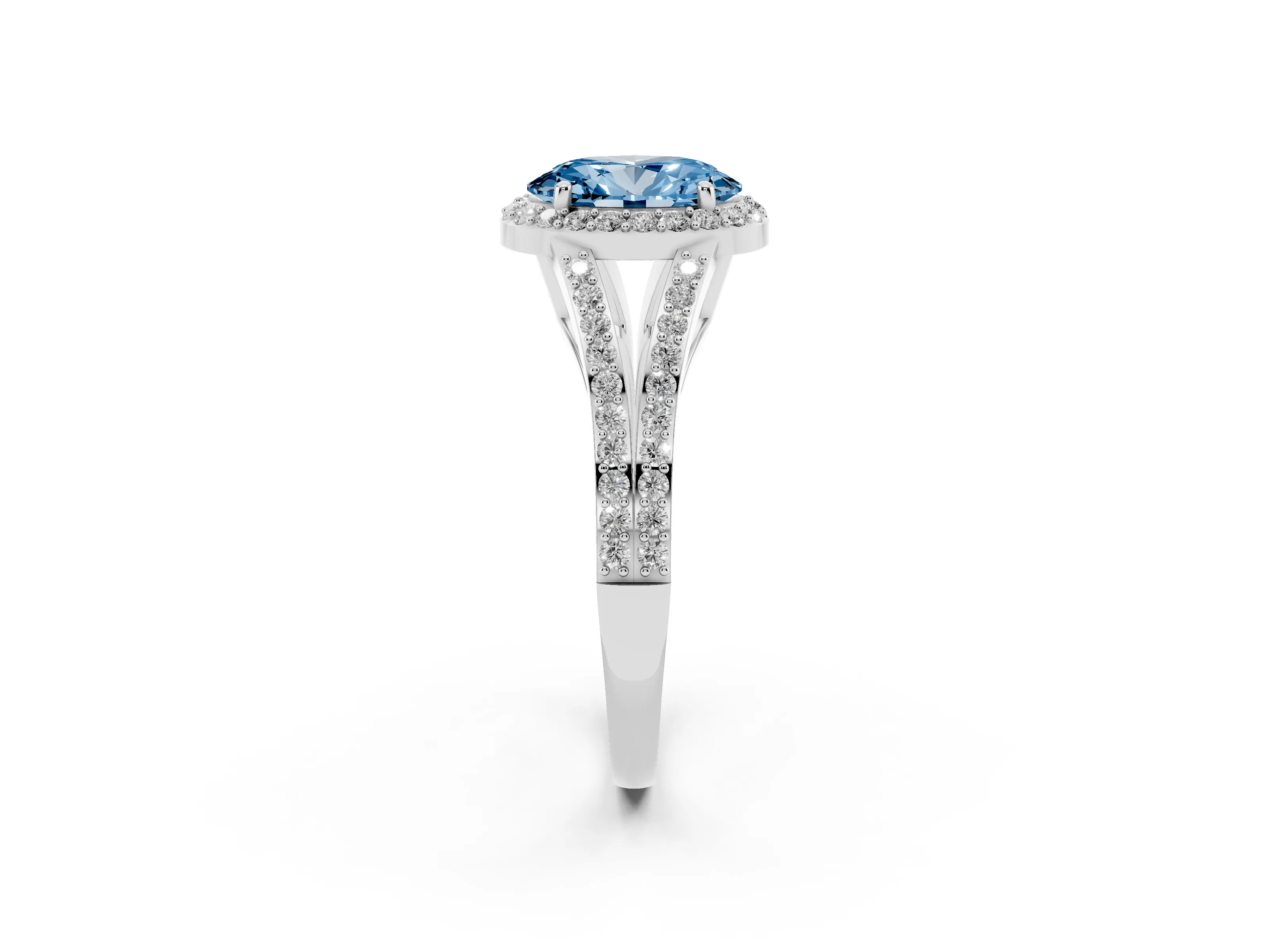 Fancy Blue Oval Cut Diamond Halo Split Shank Ring Set in White gold with Accent Stones and Prong Setting