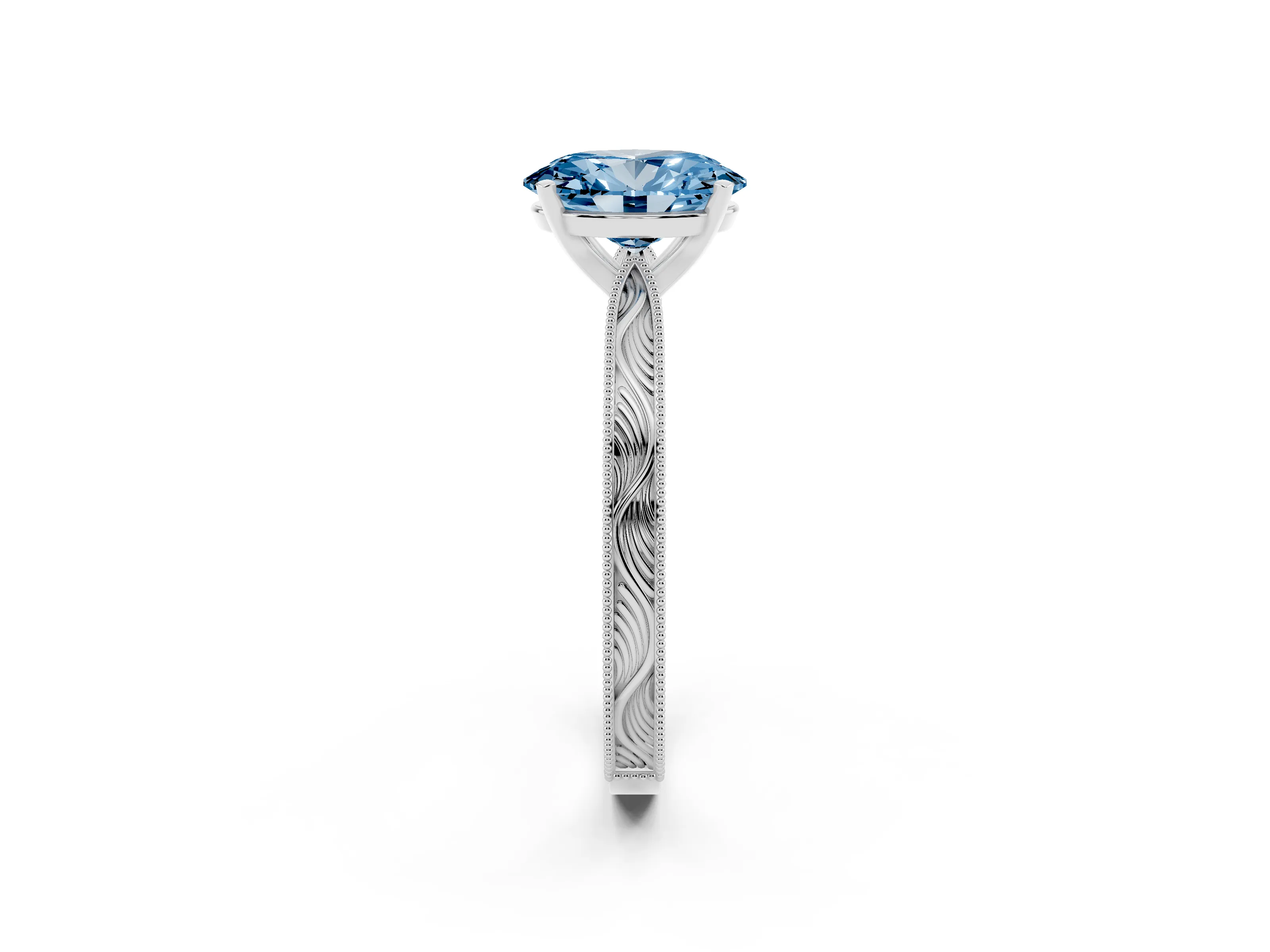 Fancy Blue Oval Cut Diamond Solitaire Milgrain Engraved Band Set in Platinum with Prong Setting