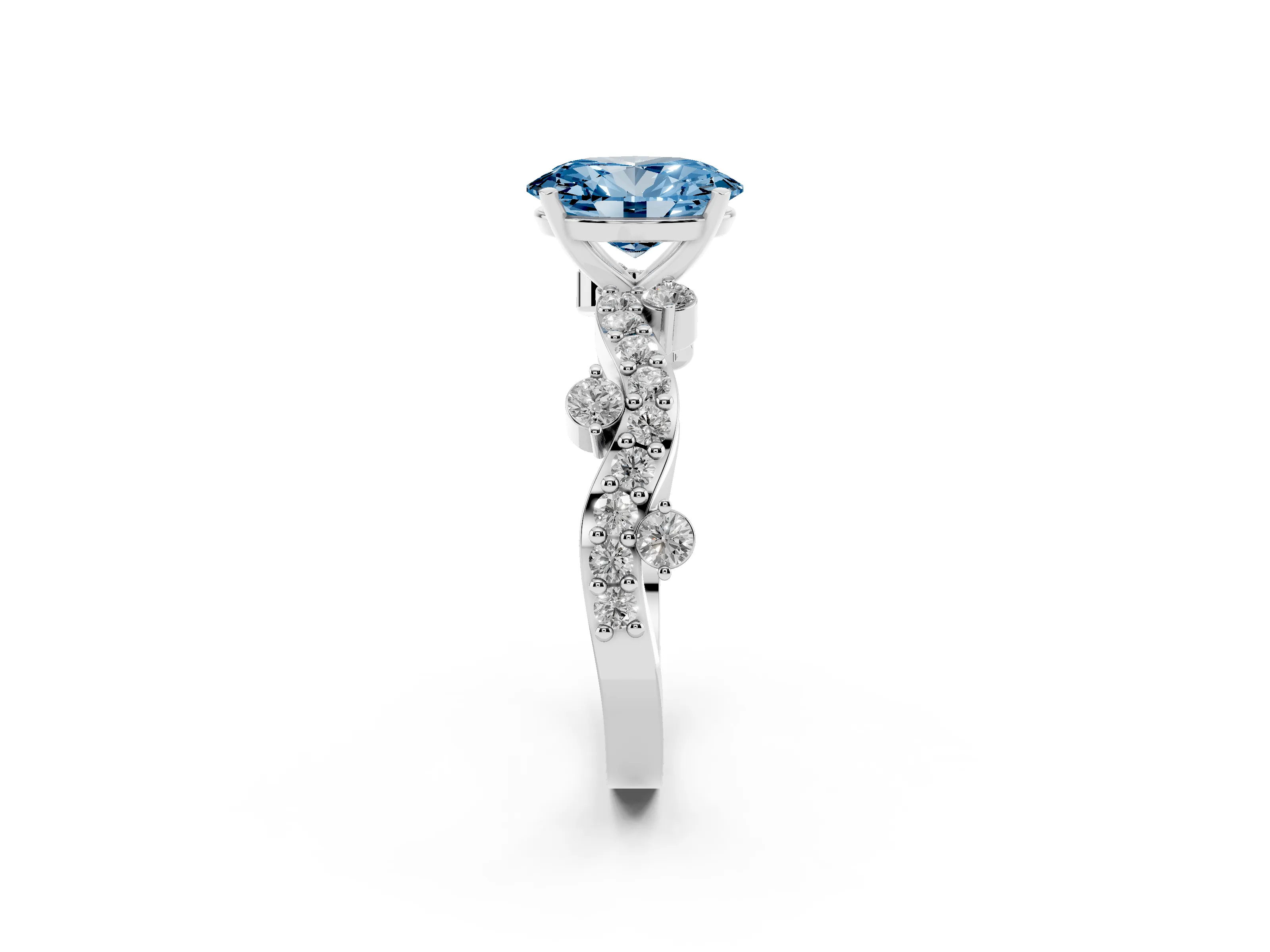Fancy Blue Oval Cut Diamond Solitaire Twisted Band Set in Silver with Pavé Setting