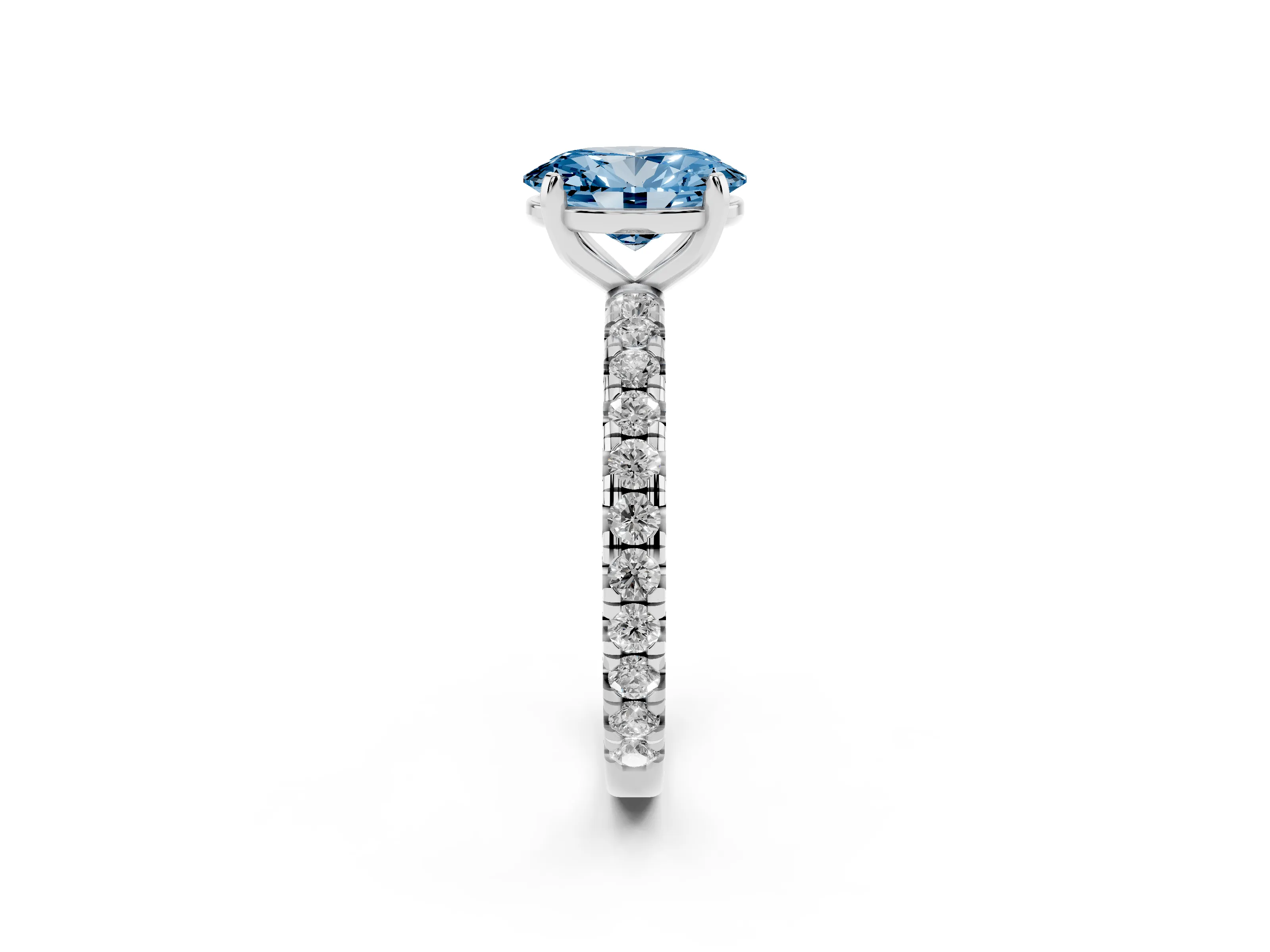 Fancy Blue Oval Cut Diamond Pavé Solitaire Ring Set in Silver with Round Band and Prong Setting