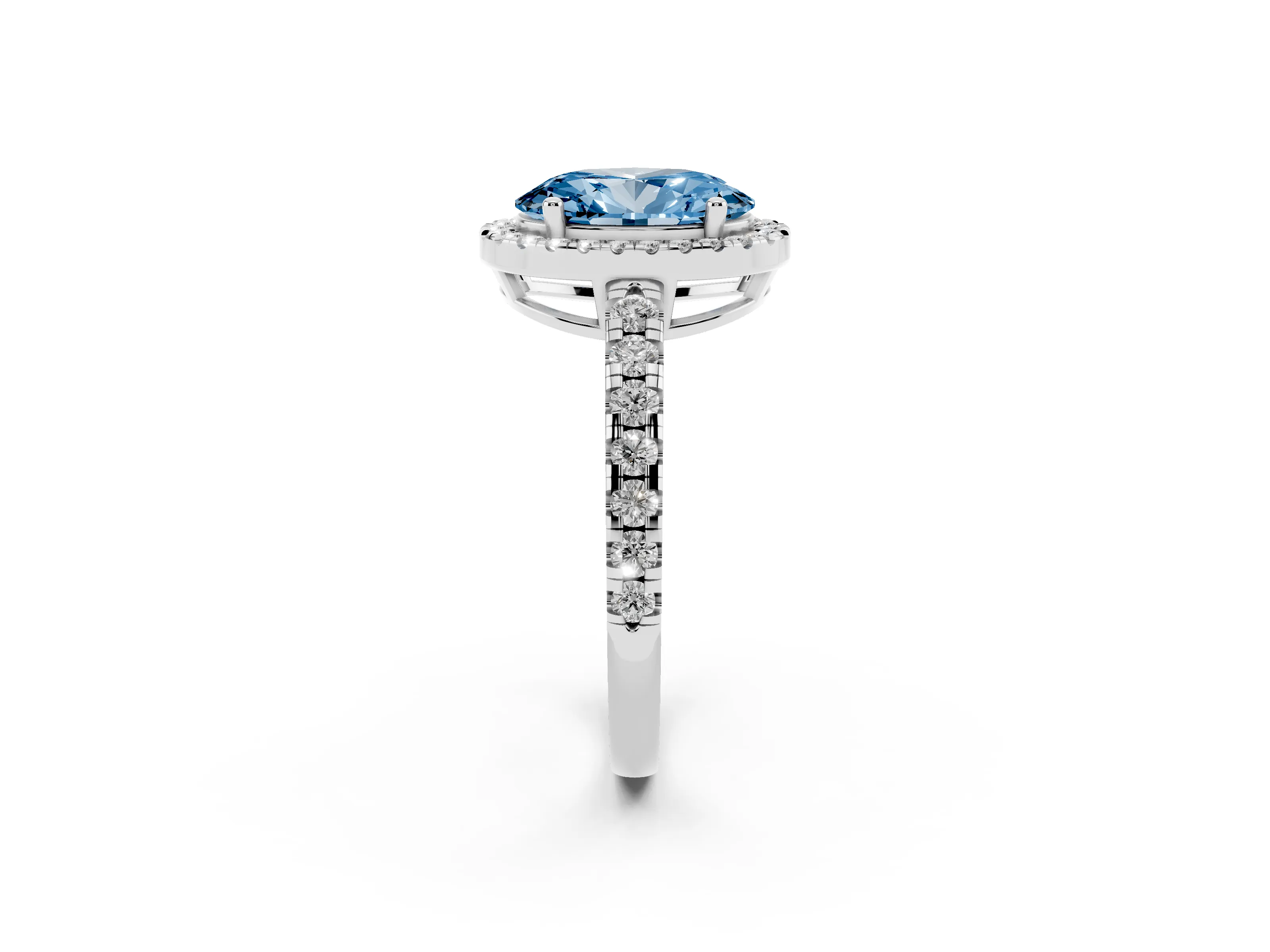 Fancy Blue Oval Cut Diamond Halo Ring Set in Silver with Delicate Pavé Band and Prong Setting