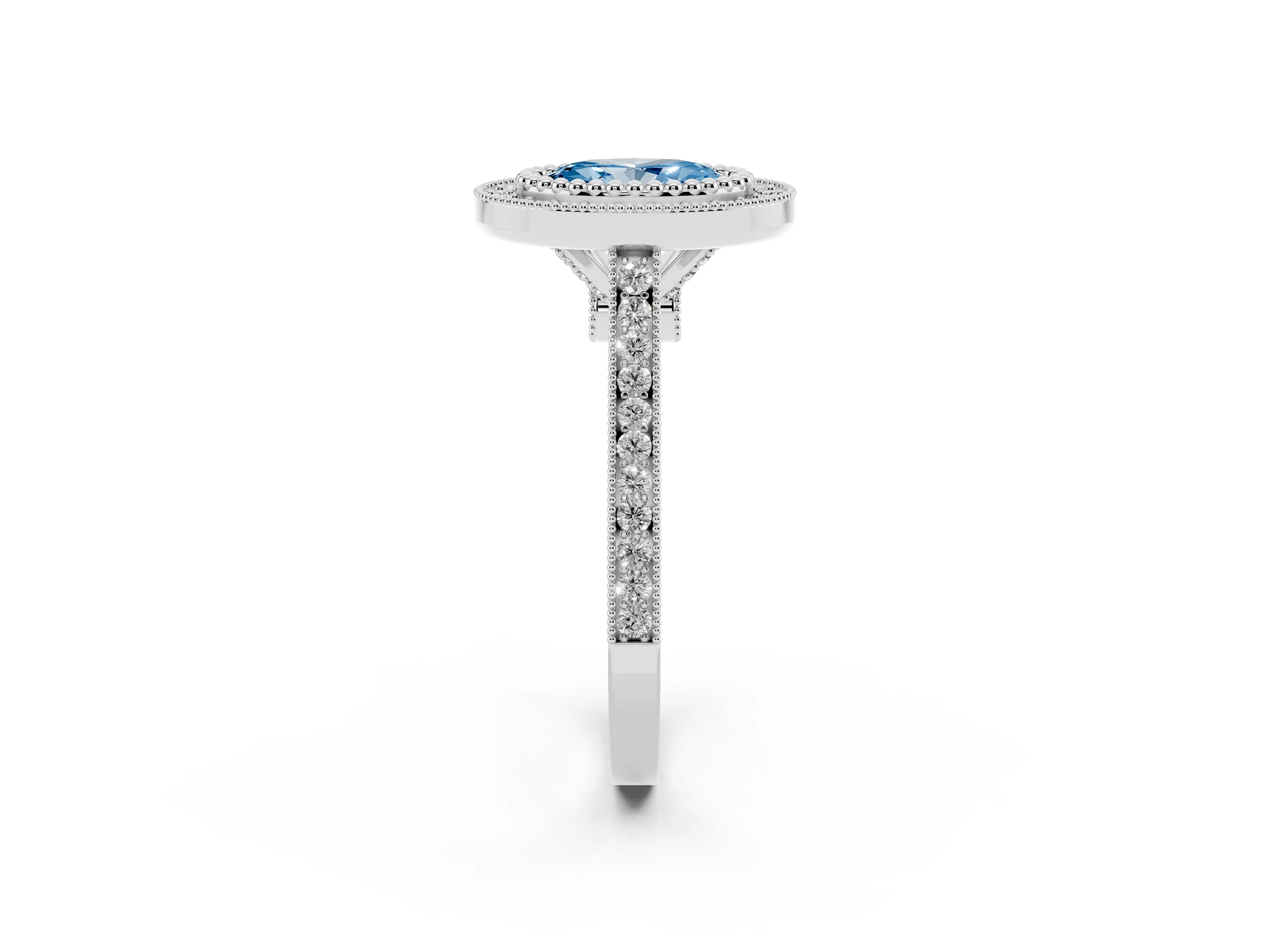 Fancy Blue Oval Cut Diamond Halo Ring Set in White gold with Milgrain Frame and Pavé Band