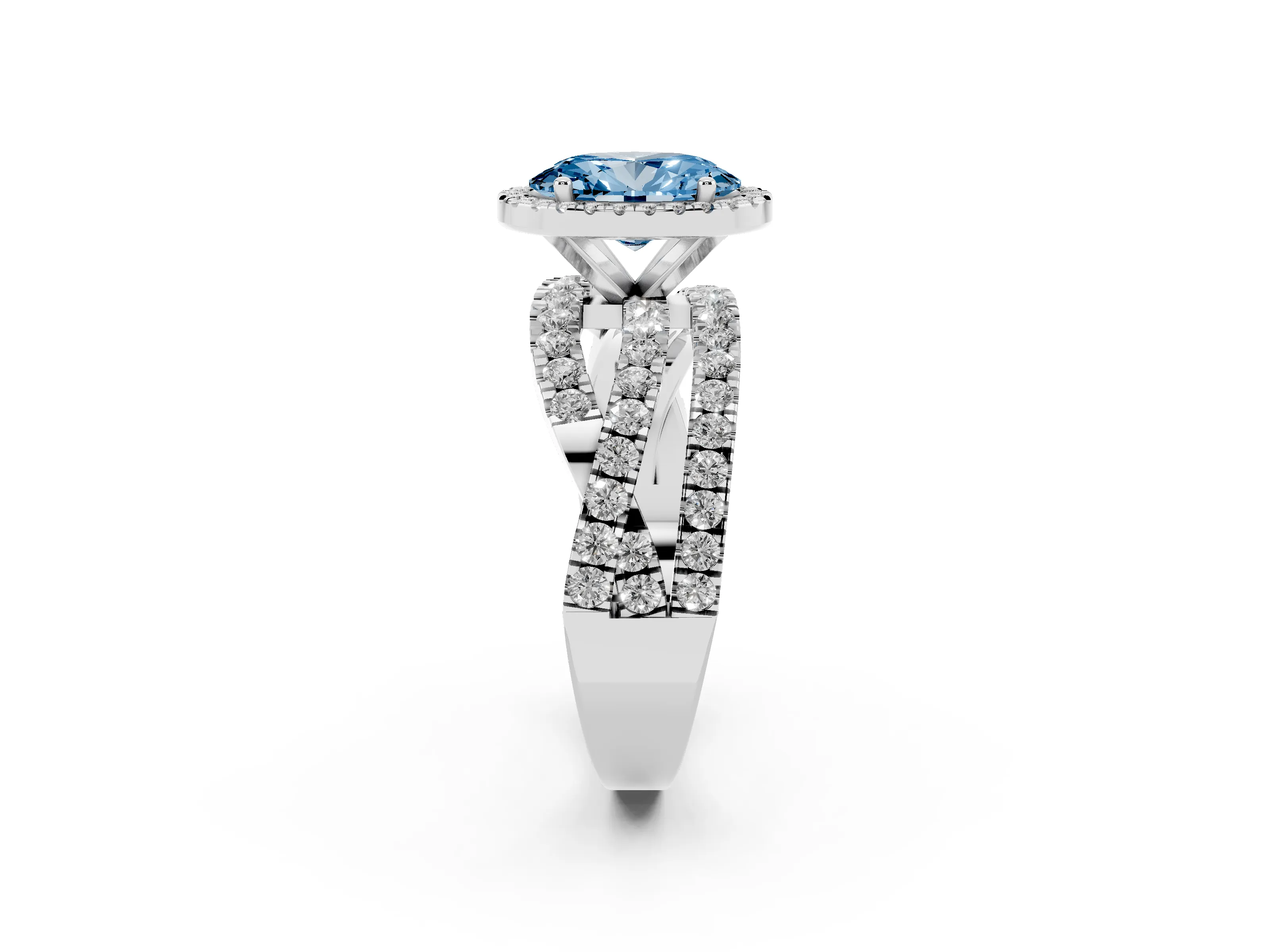 Fancy Blue Oval Cut Diamond Halo Ring Set in Platinum with Round Crossover Split Shank and Prong Setting