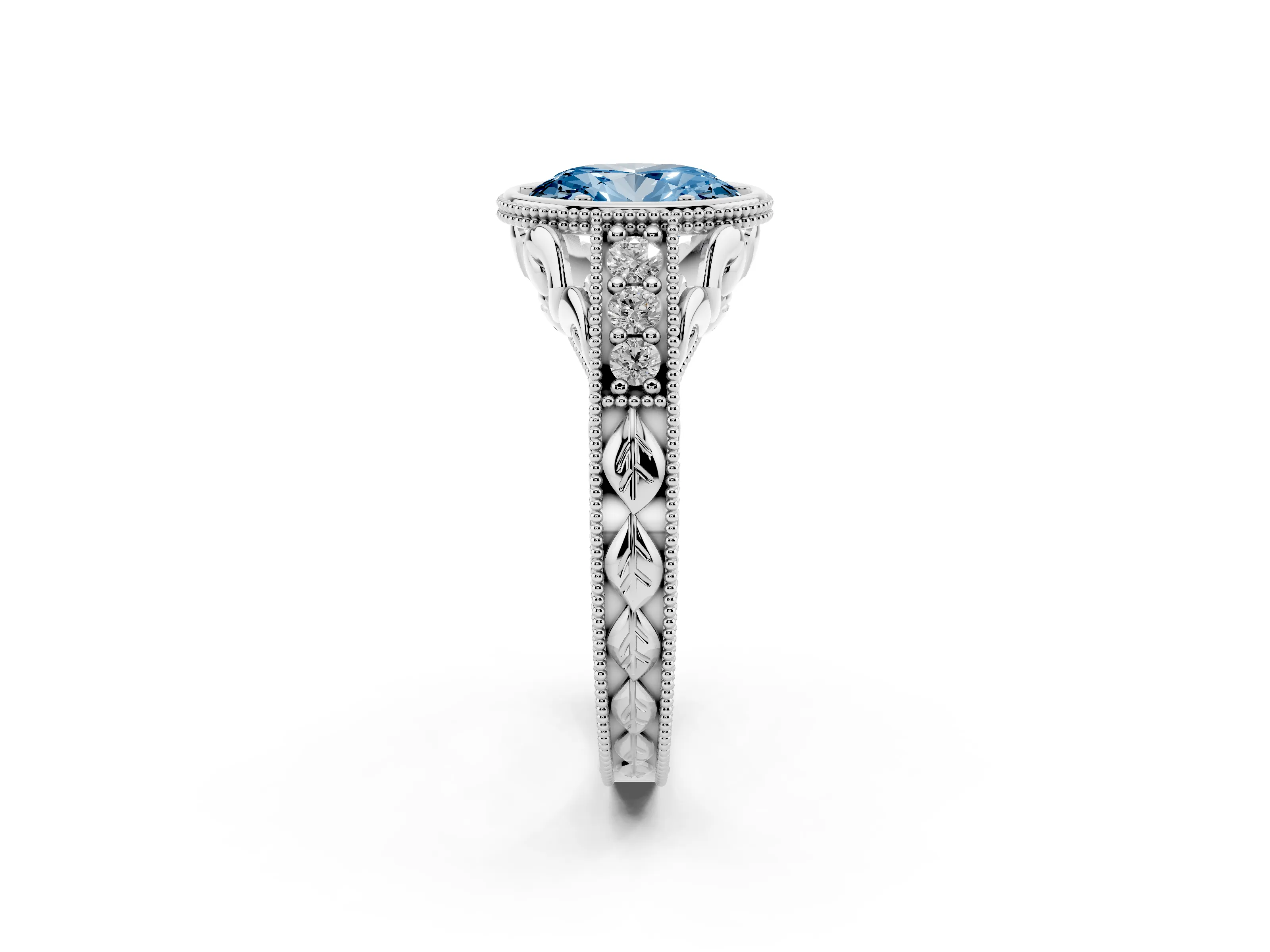 Fancy Blue Bezel Set Oval Cut Diamond Milgrain Pavé Engagement Ring Set in Silver