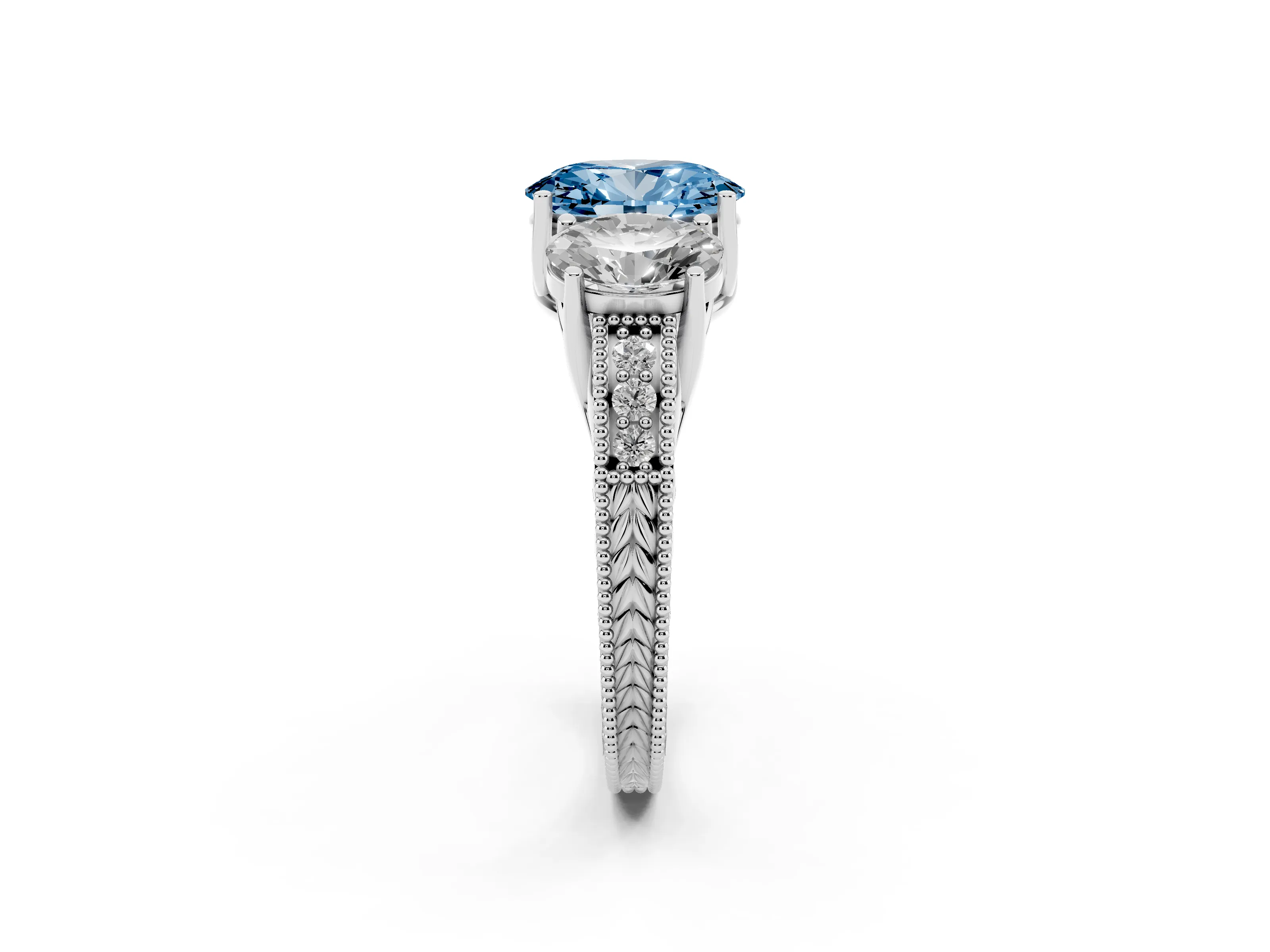 Fancy Blue Oval Cut Diamond Three-Stone Engagement Ring Set in White gold with Milgrain Pavé Band