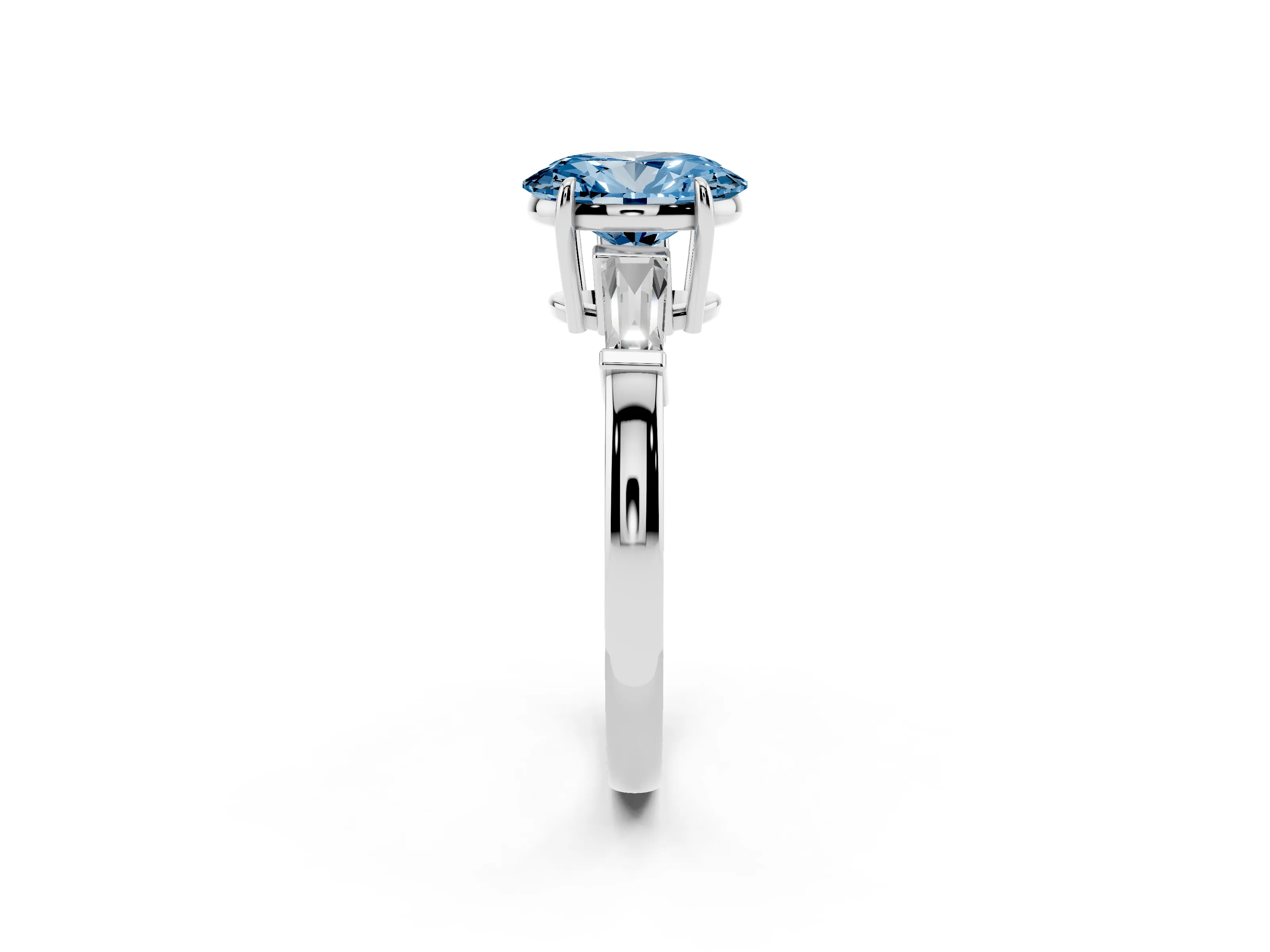 Fancy Blue Oval Cut Diamond Three-Stone Ring Set in Silver with Tapered Baguette Side Stones and Prong Setting