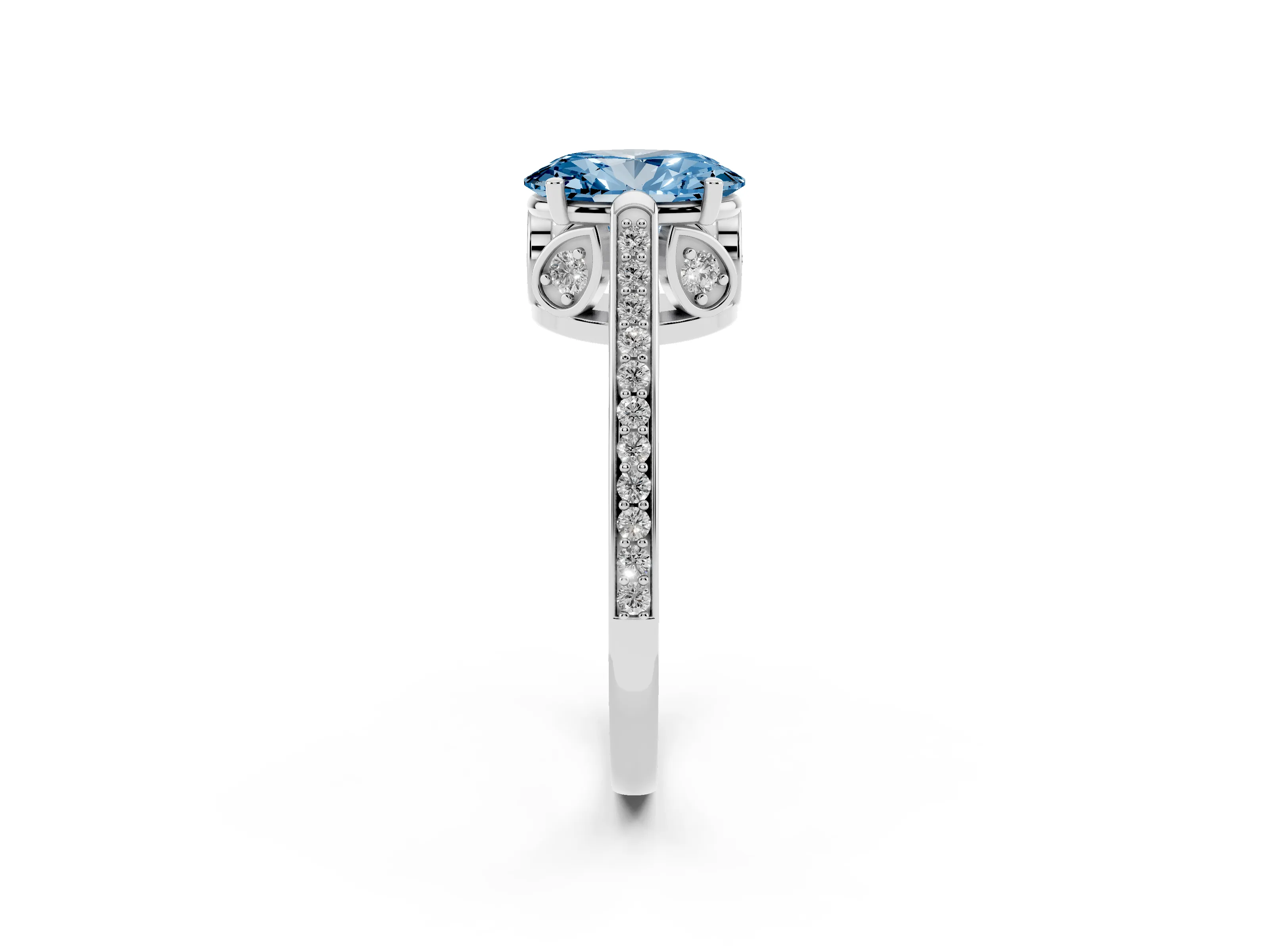 Fancy Blue Oval Cut Diamond Cathedral Pavé Engagement Ring Set in White gold with Prong Setting
