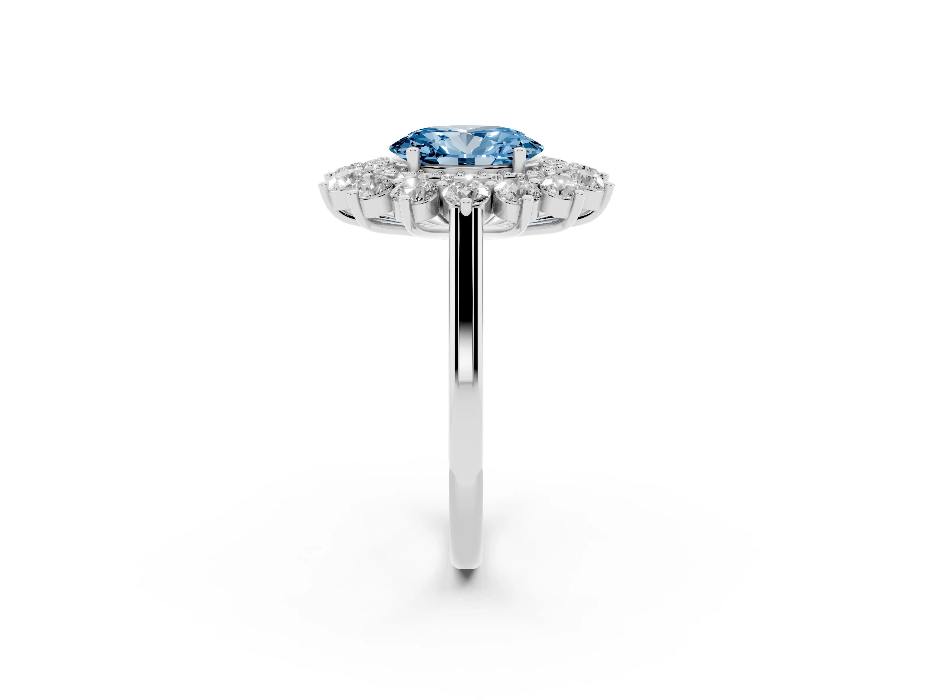Fancy Blue Oval Cut Diamond Floral Double Halo Ring Set in Platinum with Round Petals