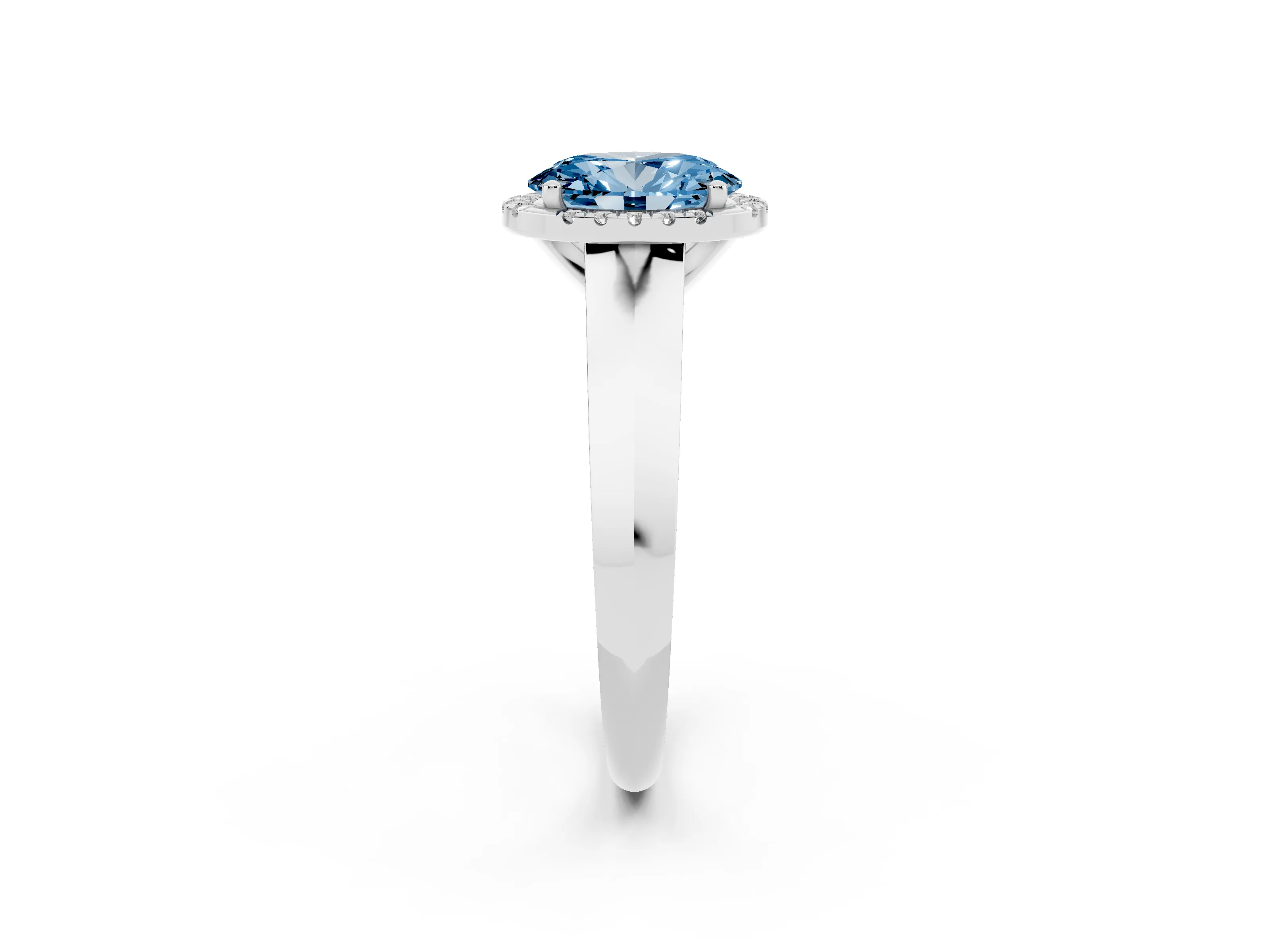 Fancy Blue Oval Cut Diamond Halo Ring Set in White gold with Cathedral Band and Prong Setting