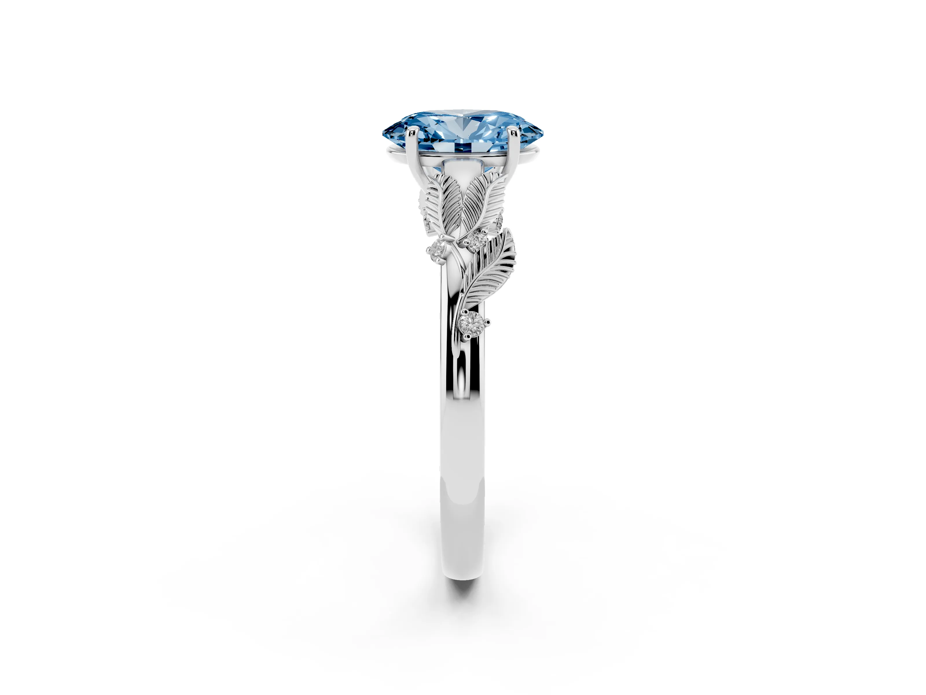 Fancy Blue Oval Cut Diamond Solitaire Ring Set in Platinum with Leaf Motif Band