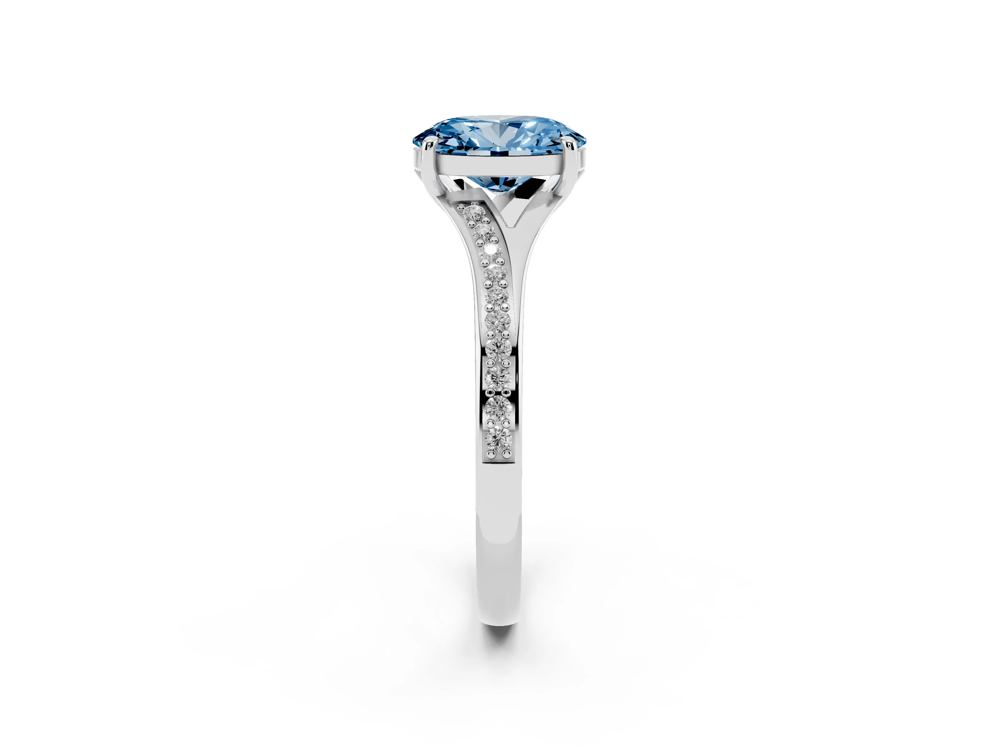 Fancy Blue Oval Cut Diamond Solitaire Ring Set in White gold with Pavé Accent Band and Classic Prong Setting