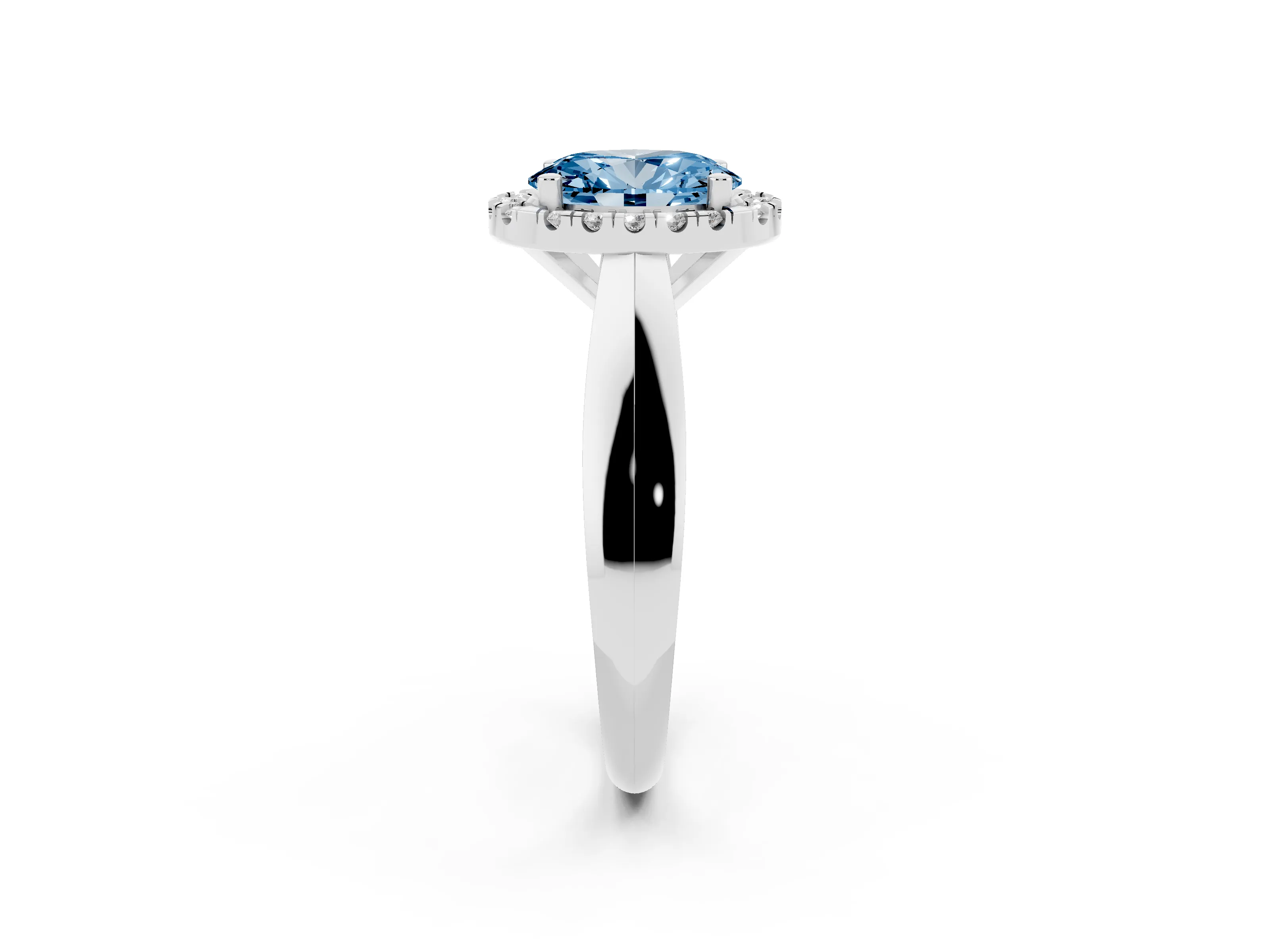 Fancy Blue Oval Cut Diamond Halo Solitaire Engagement Ring Set in Platinum with Square Band and Prong Setting
