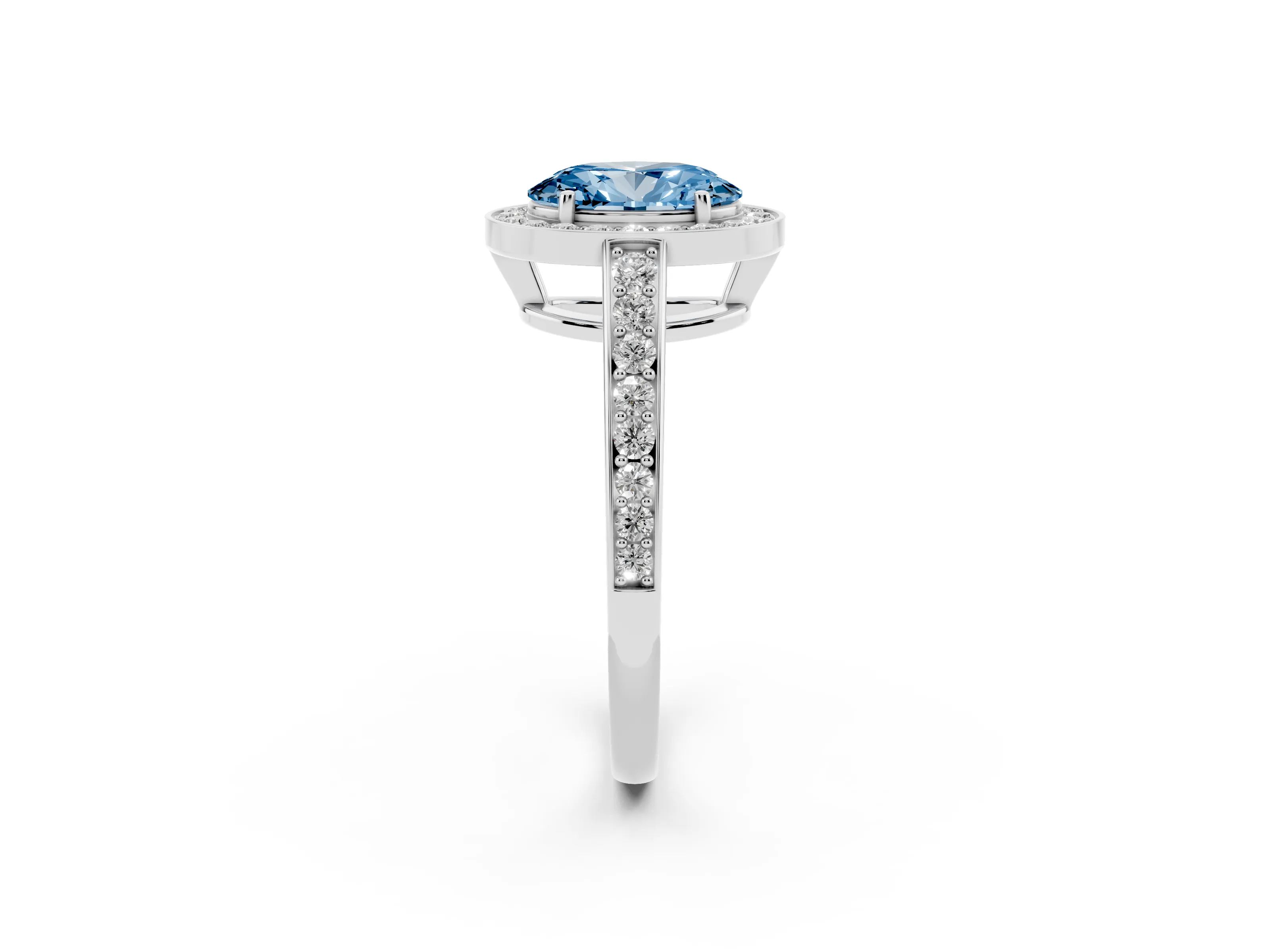Fancy Blue Oval Cut Diamond Halo Pavé Engagement Ring Set in White gold with Bezel Setting