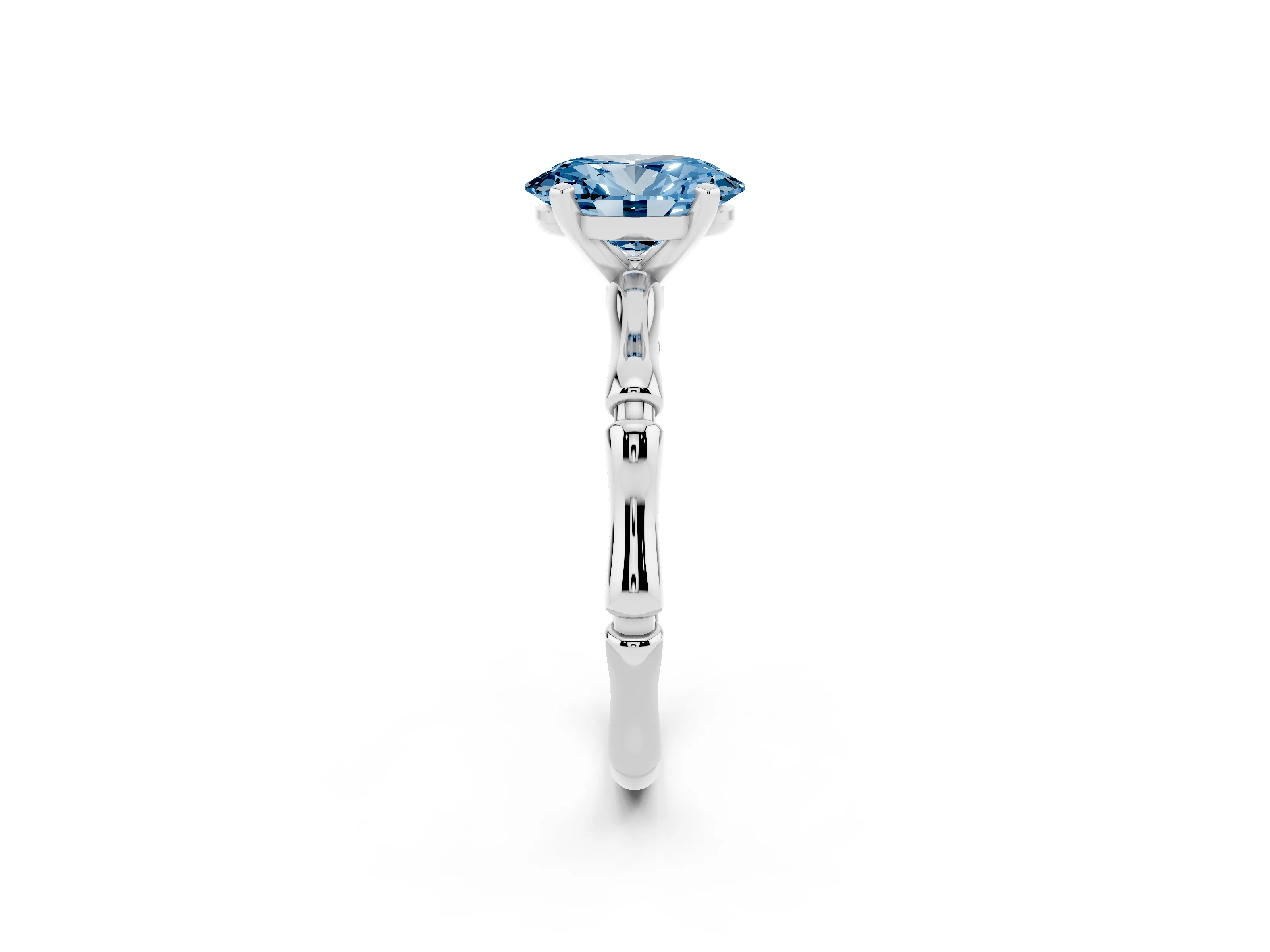 Fancy Blue Oval Cut Diamond Solitaire Ring Set in Silver with Bamboo Band and Prong Setting