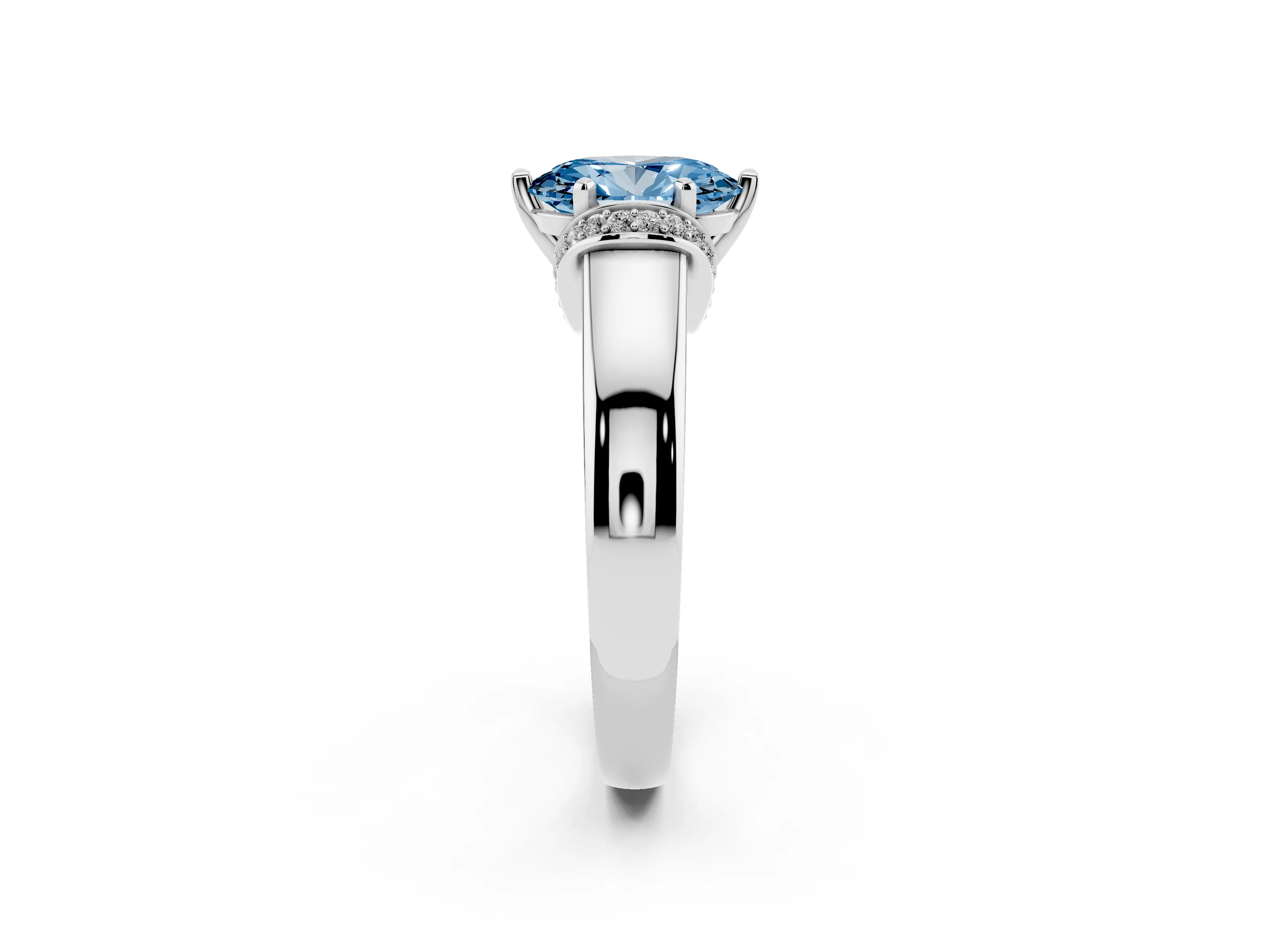 Fancy Blue Oval Cut Diamond Pavé Band Solitaire Ring Set in Platinum with Prong Setting