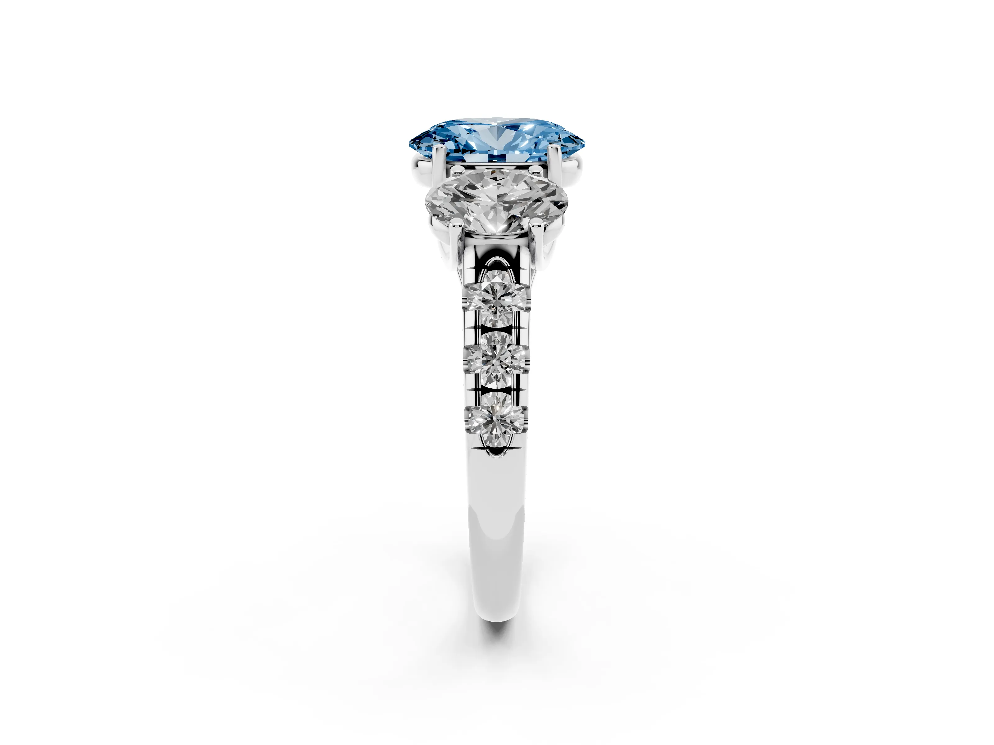 Fancy Blue Oval Cut Diamond Three-Stone Ring Set in Platinum with Pavé Band