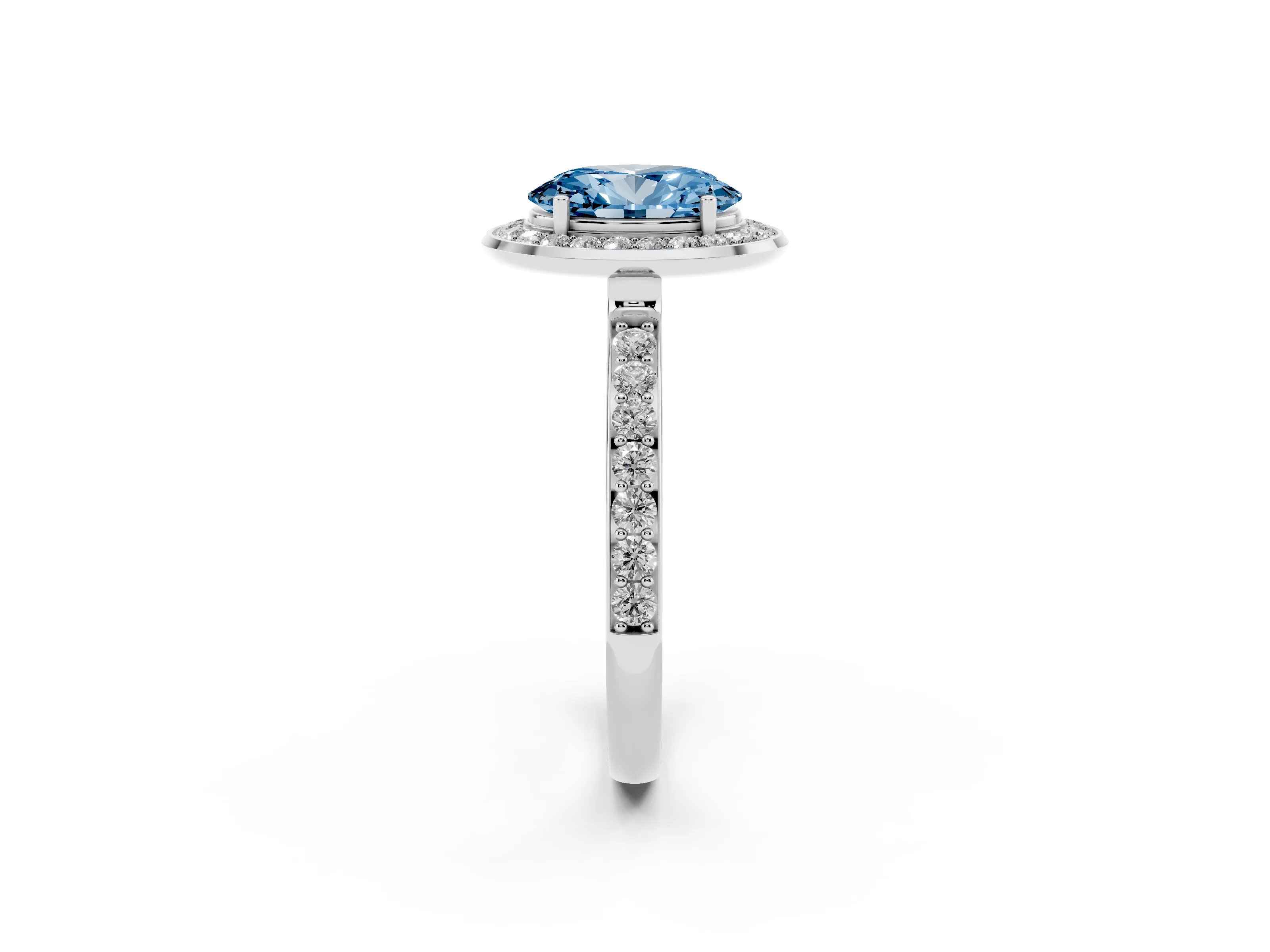 Fancy Blue Oval Cut Diamond Halo Ring Set in White gold with Bezel Frame and Pavé Band