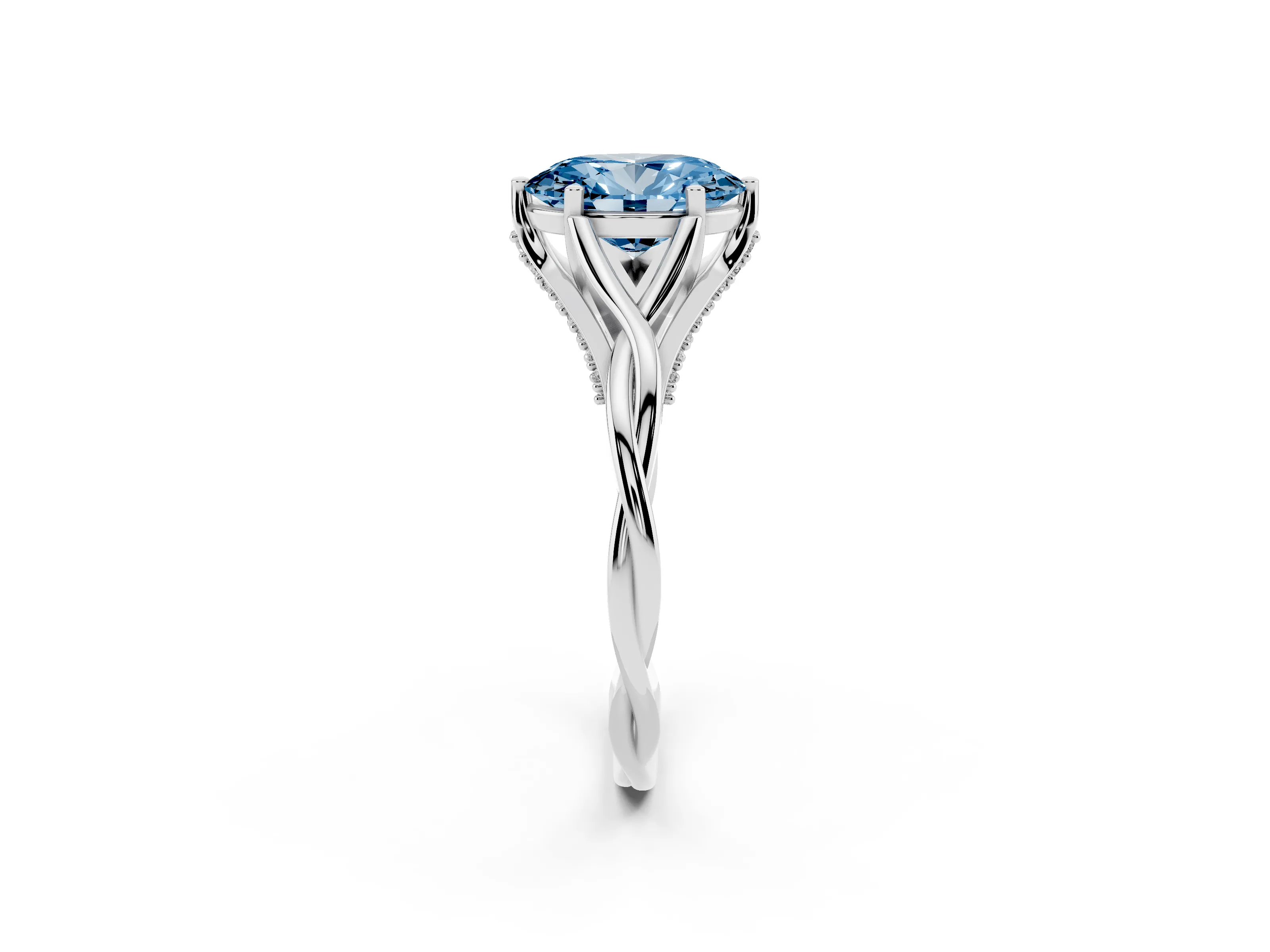 Fancy Blue Oval Cut Diamond Intertwined Twist Band Solitaire Ring Set in White gold with Prong Setting