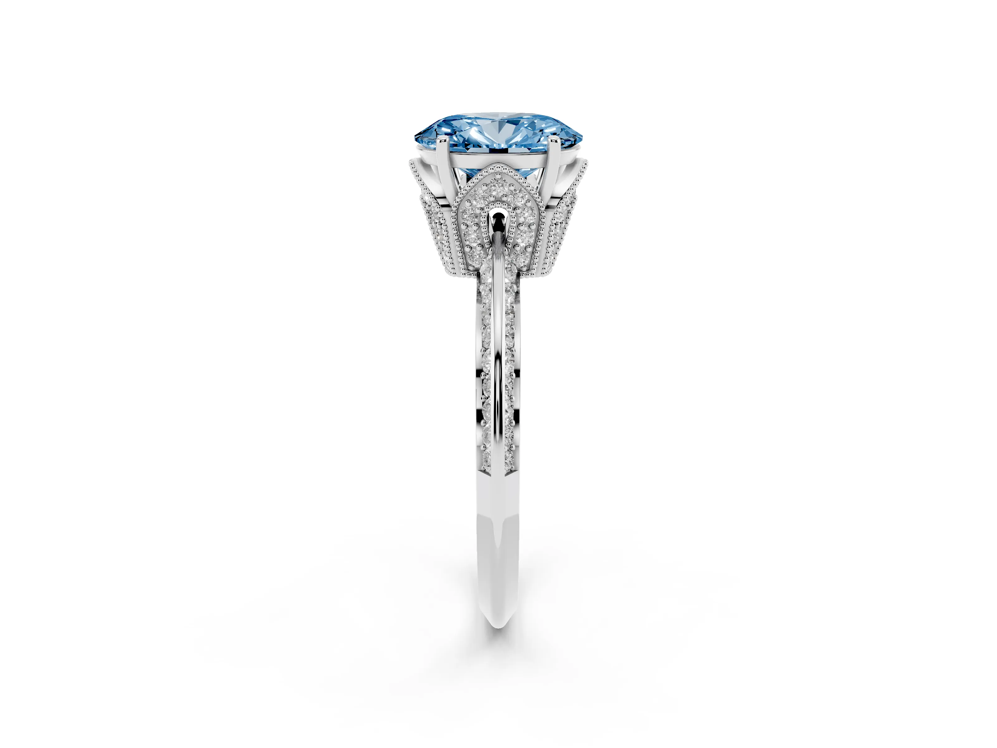 Fancy Blue Oval Cut Diamond Solitaire Engagement Ring Set in Silver with Pavé Split Shank and Prong Setting