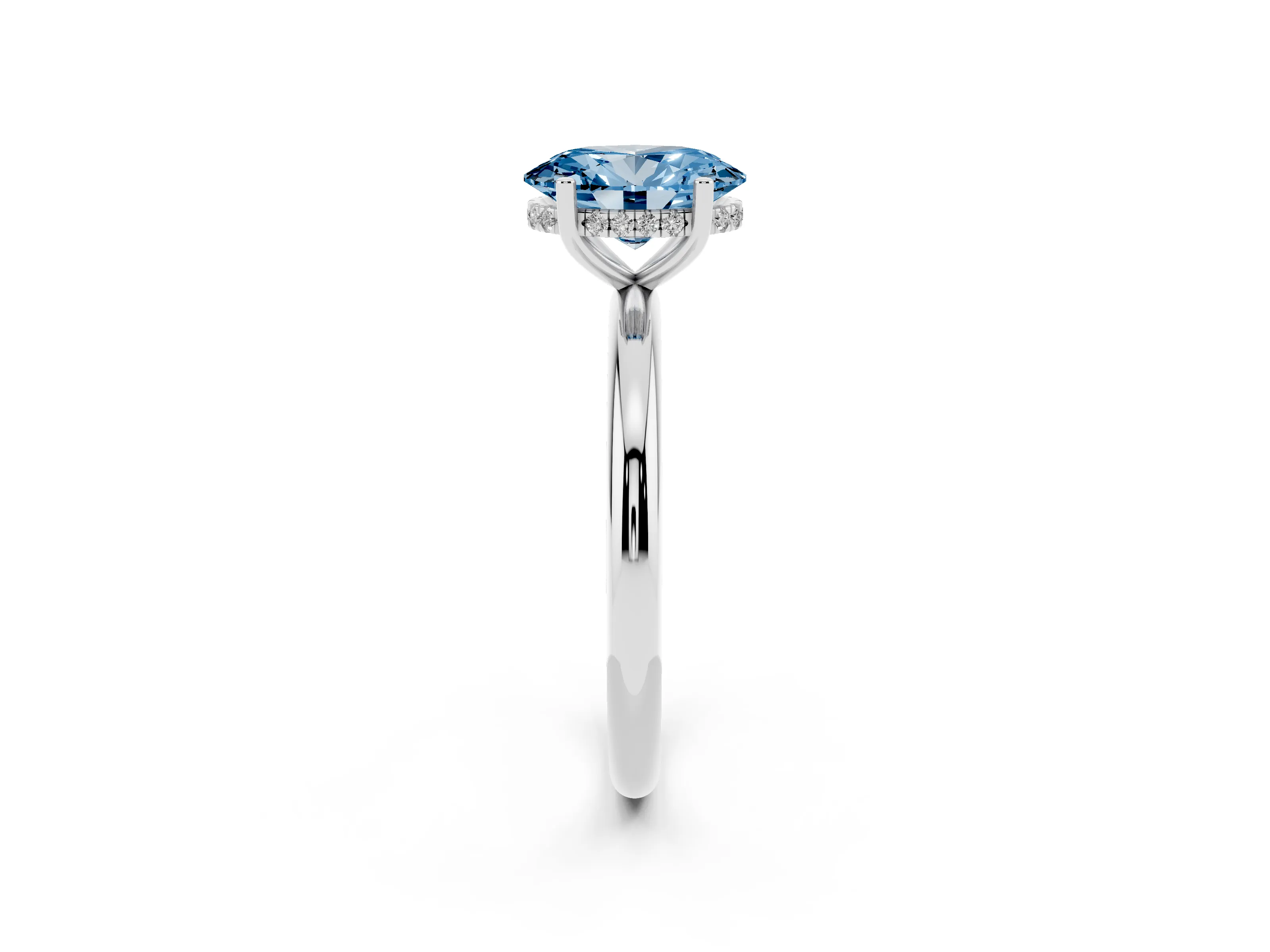 Fancy Blue Oval Cut Diamond Solitaire Engagement Ring Set in Silver with Prong Setting and Polished Band