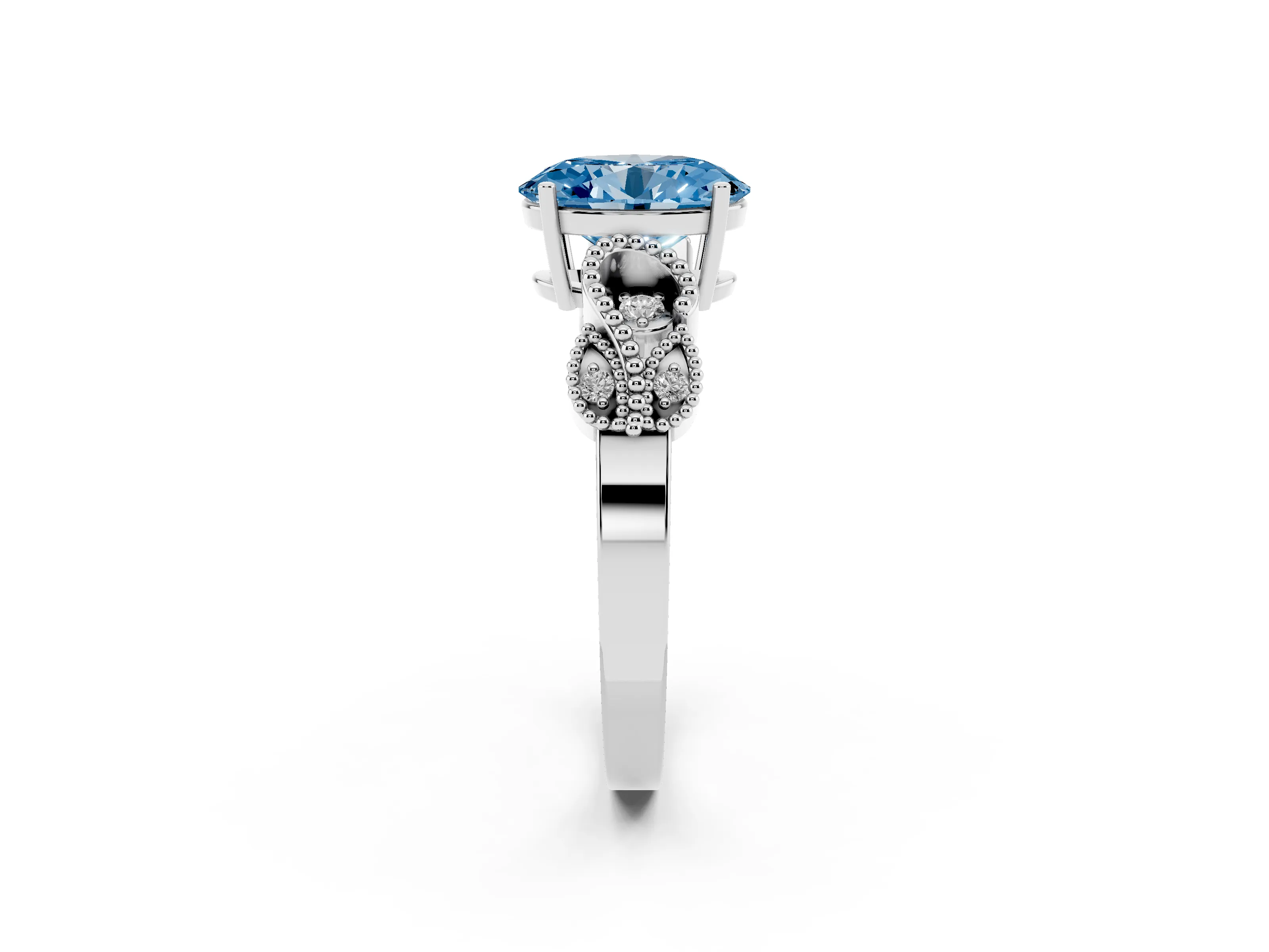 Fancy Blue Oval Cut Diamond Milgrain Leaf Band Solitaire Ring Set in Platinum with Accent Stones and Prong Setting