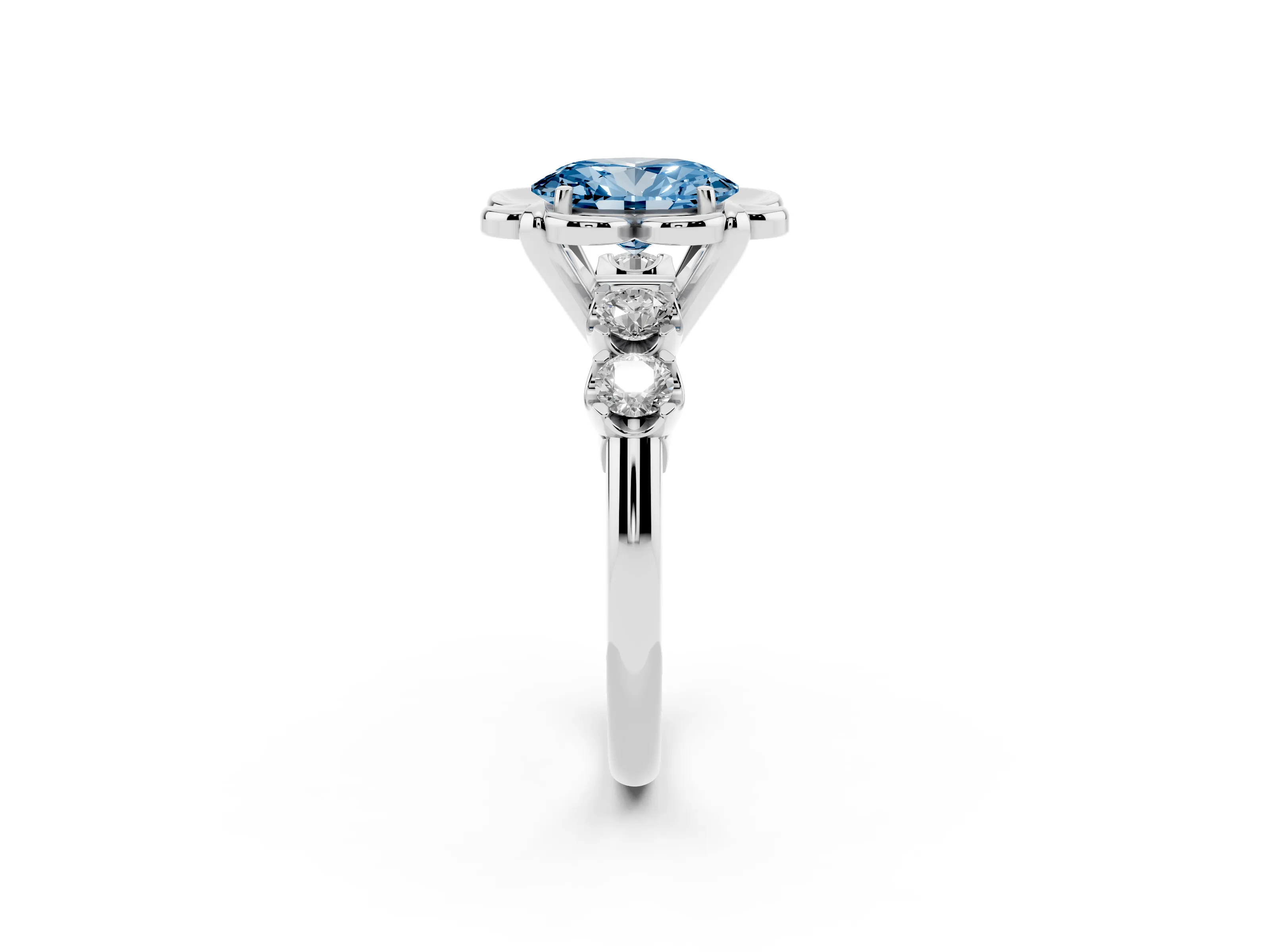 Fancy Blue Oval Cut Diamond Floral Halo Ring Set in Silver with Shared Prong Band