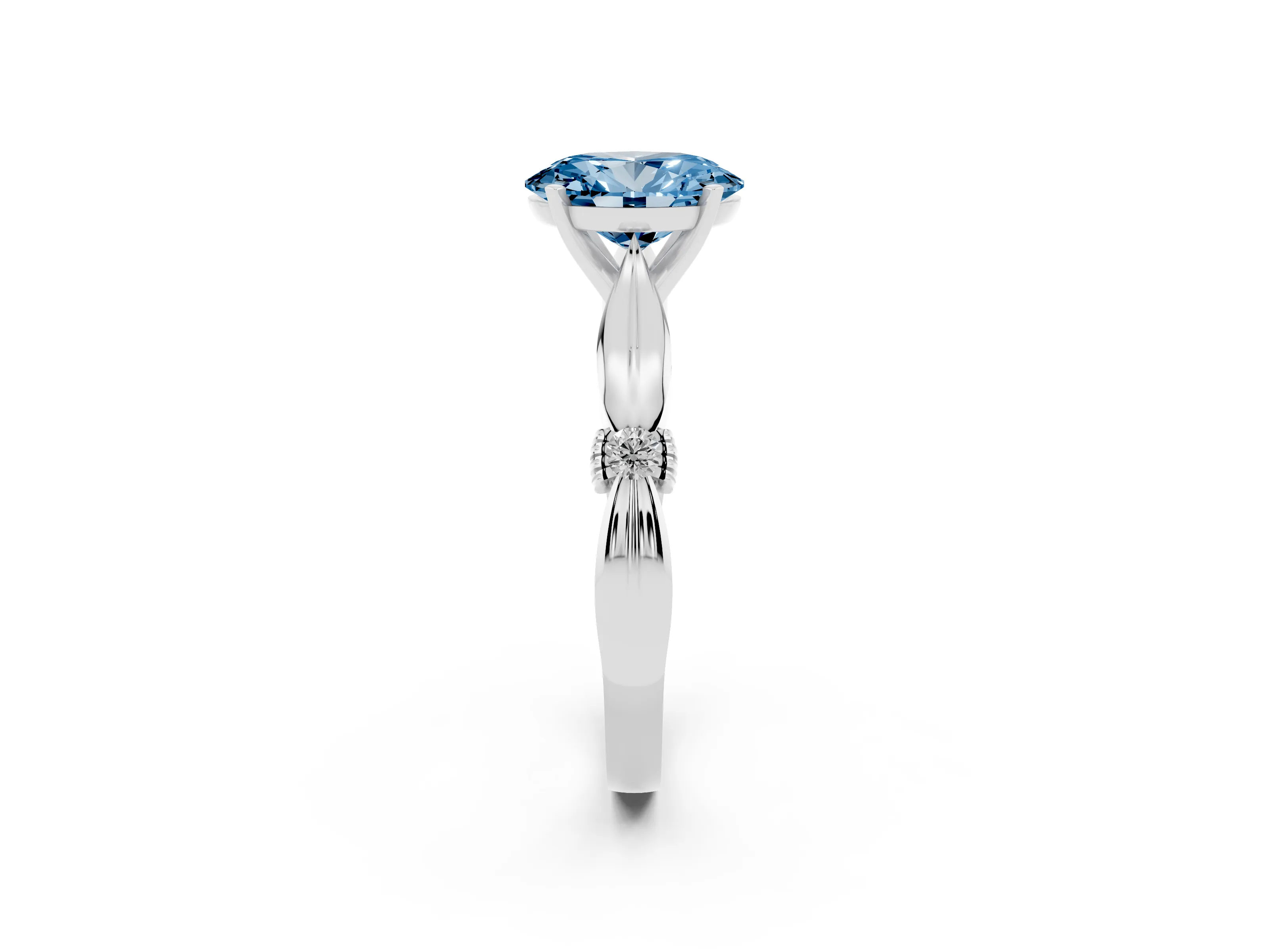 Fancy Blue Oval Cut Diamond Solitaire Twisted Band Ring Set in Platinum with Accent Stones and Prong Setting