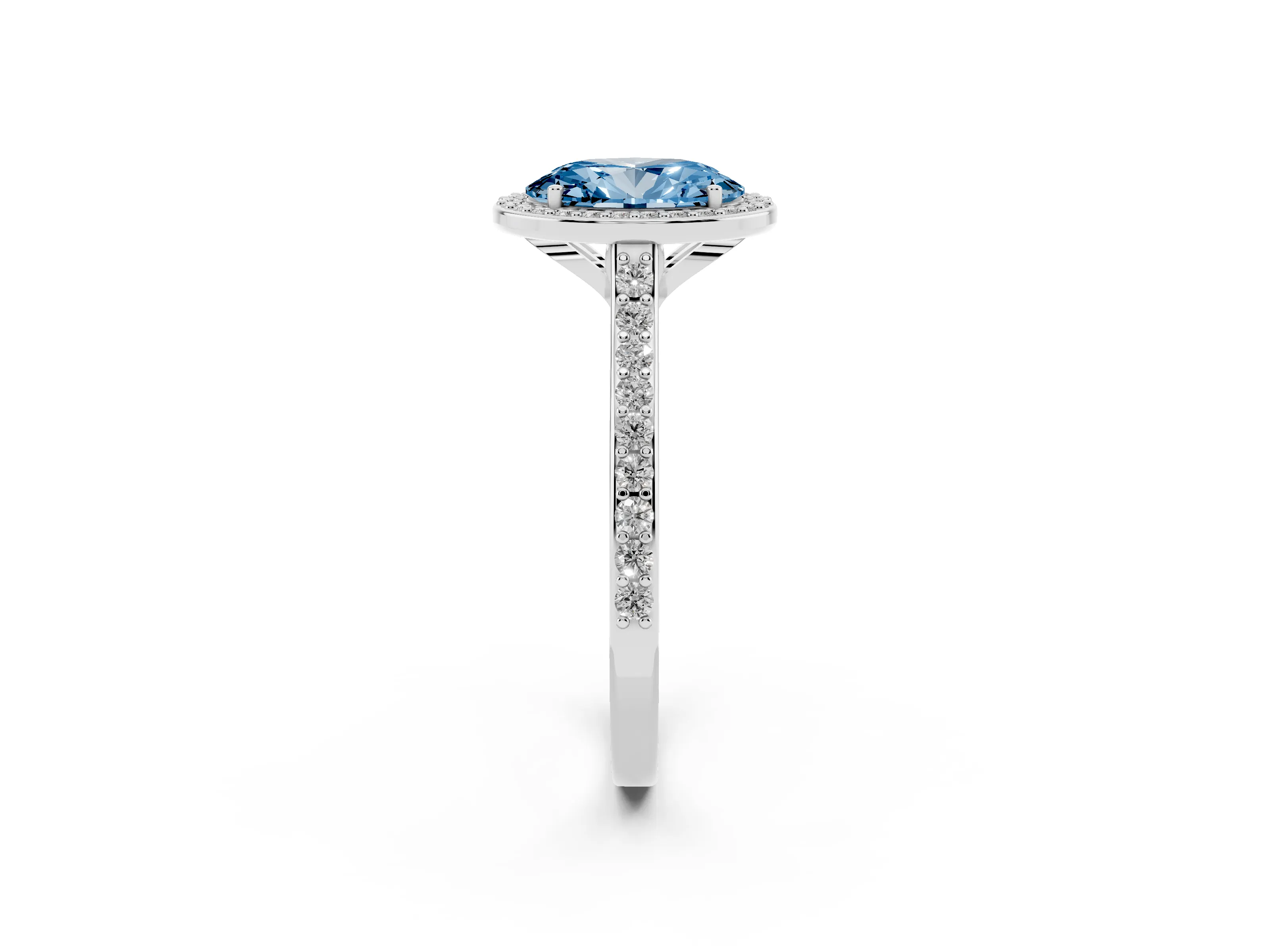 Fancy Blue Oval Cut Diamond Halo Engagement Ring Set in White gold with Round Pavé Shoulders and Heart Gallery