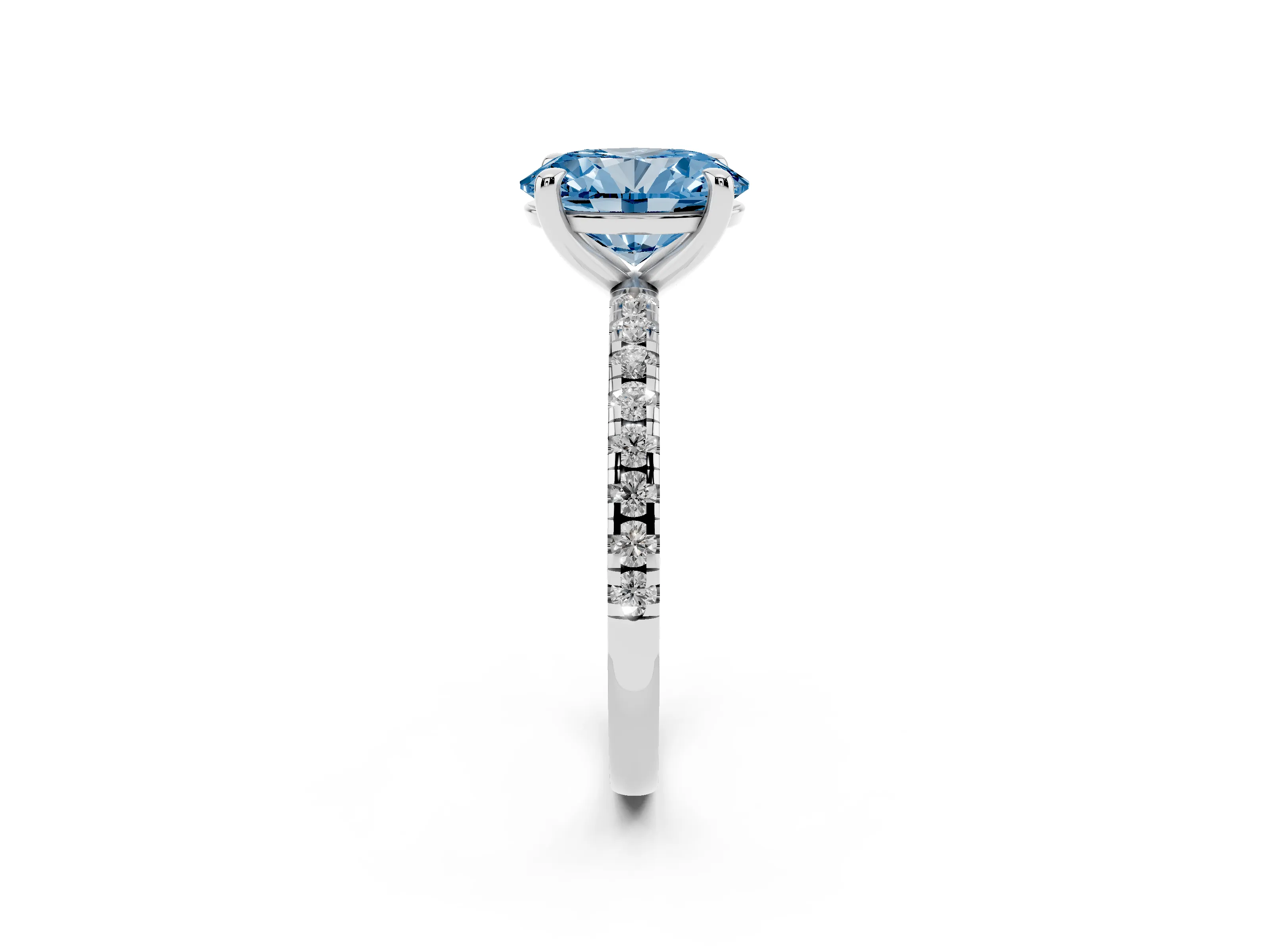 Fancy Blue Oval Cut Diamond Brilliant Solitaire Ring Set in White gold with Pavé Band and Prong Setting