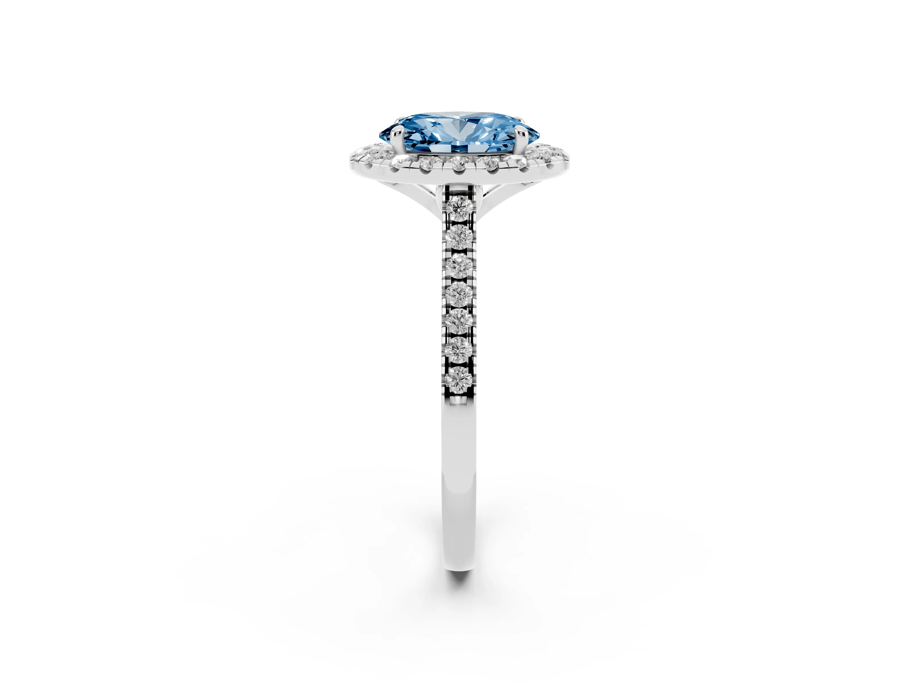 Fancy Blue Oval Cut Diamond Cushion Halo Ring Set in Silver with Pavé Band