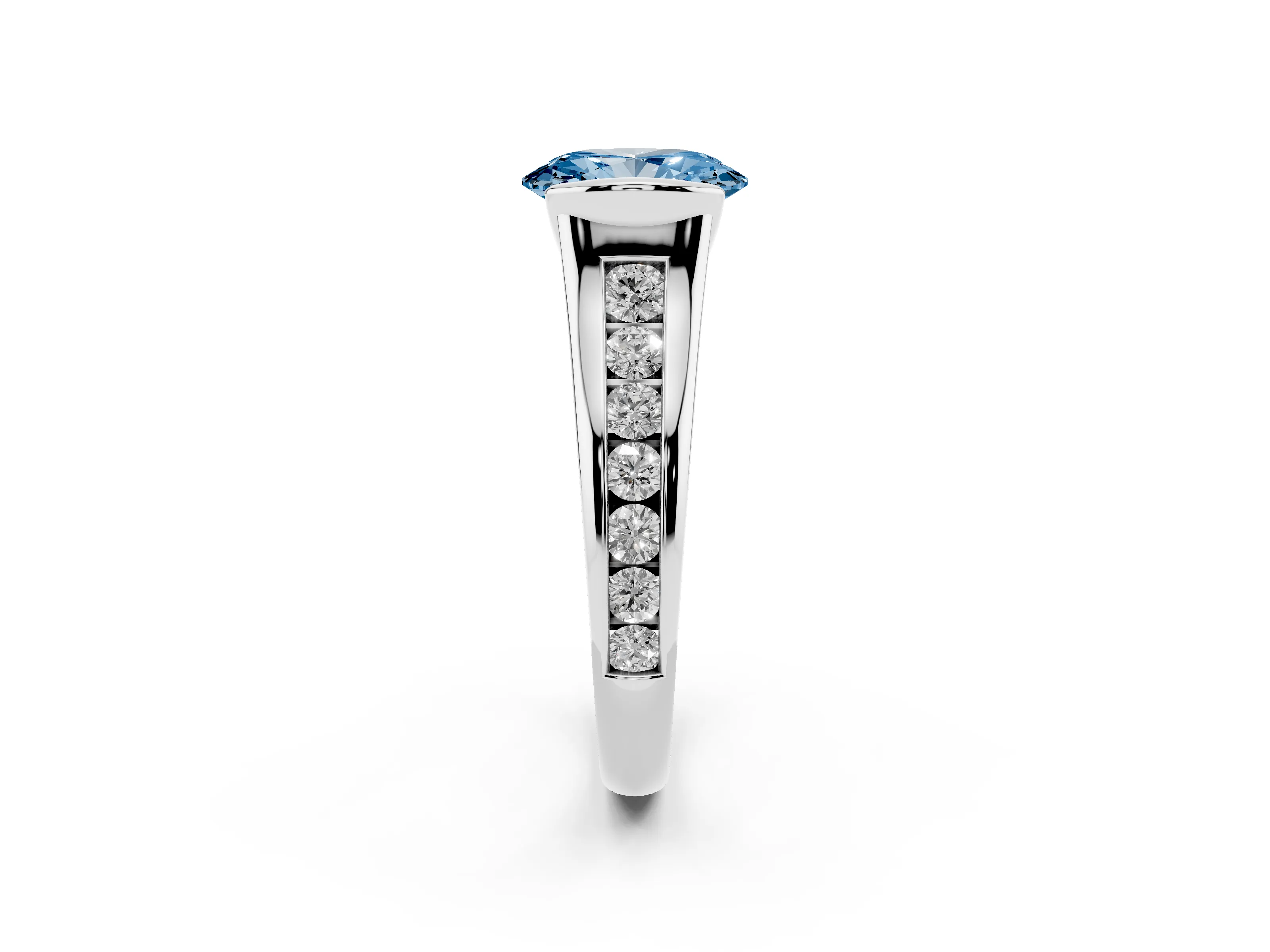 Fancy Blue Oval Cut Diamond Bezel-Set Solitaire Ring Set in Platinum with Channel-Set Band