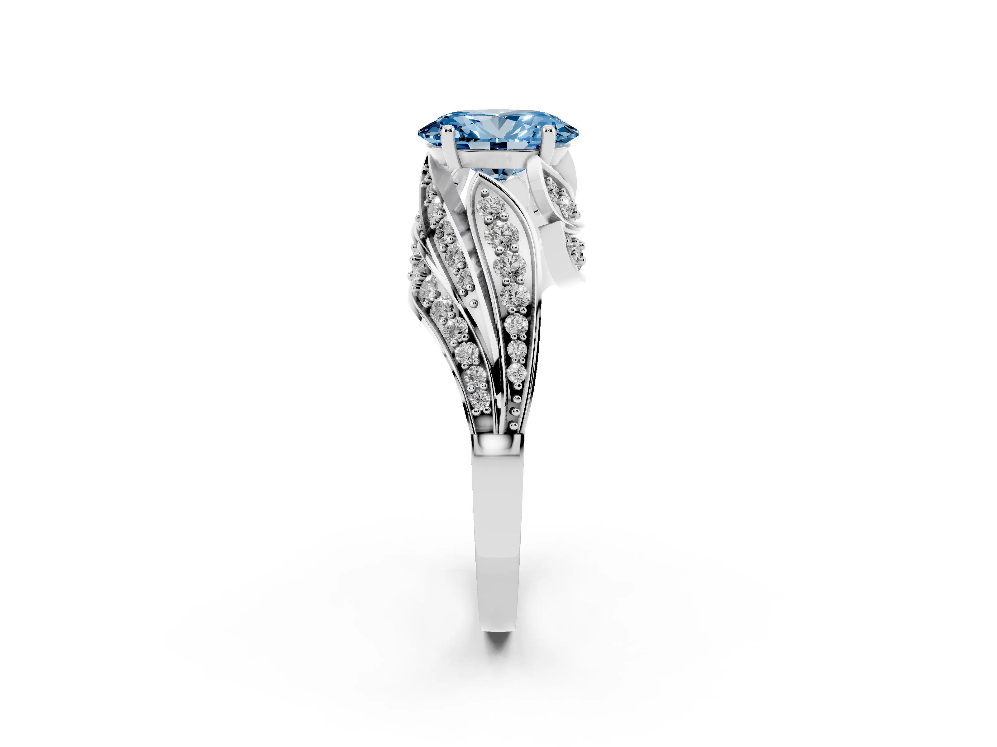 Fancy Blue Oval Cut Diamond Solitaire Ring Set in Silver with Layered Twist Pavé Band