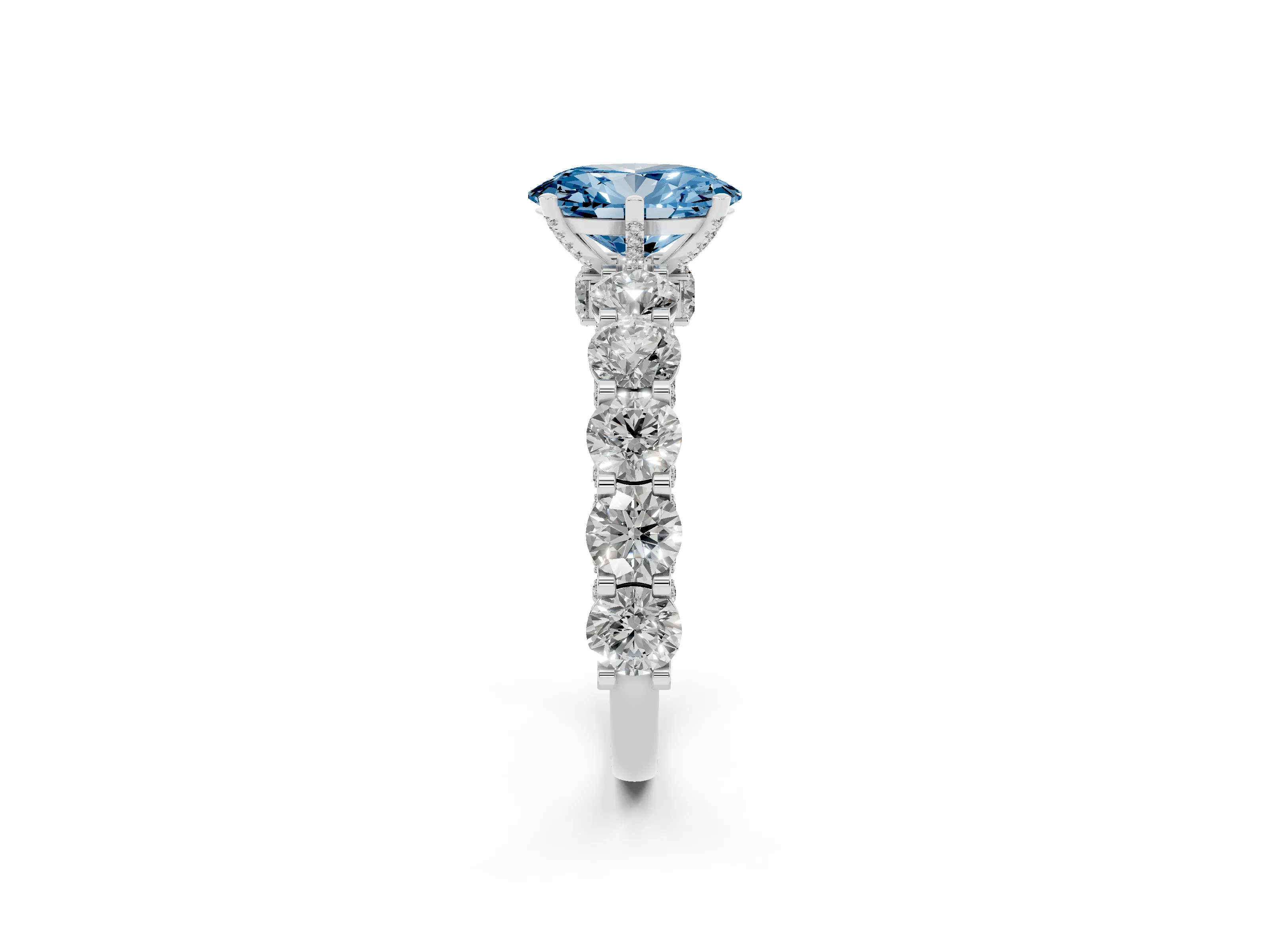 Fancy Blue Oval Cut Diamond Side Stone Ring Set in White gold with Alternating Round and Oval Side Stones