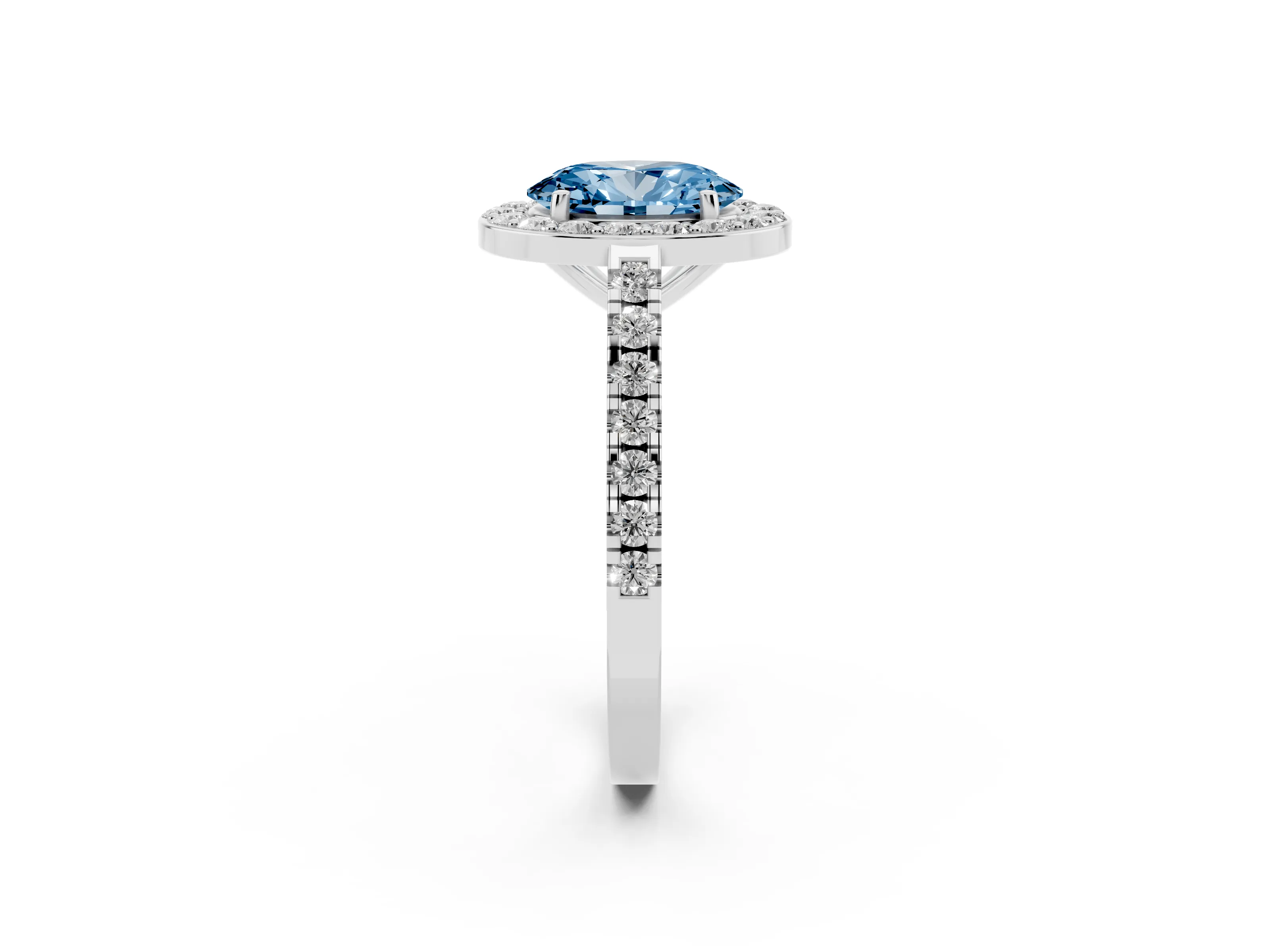 Fancy Blue Oval Cut Diamond Halo Ring Set in Silver with Round Pavé Split Shank and Prong Setting