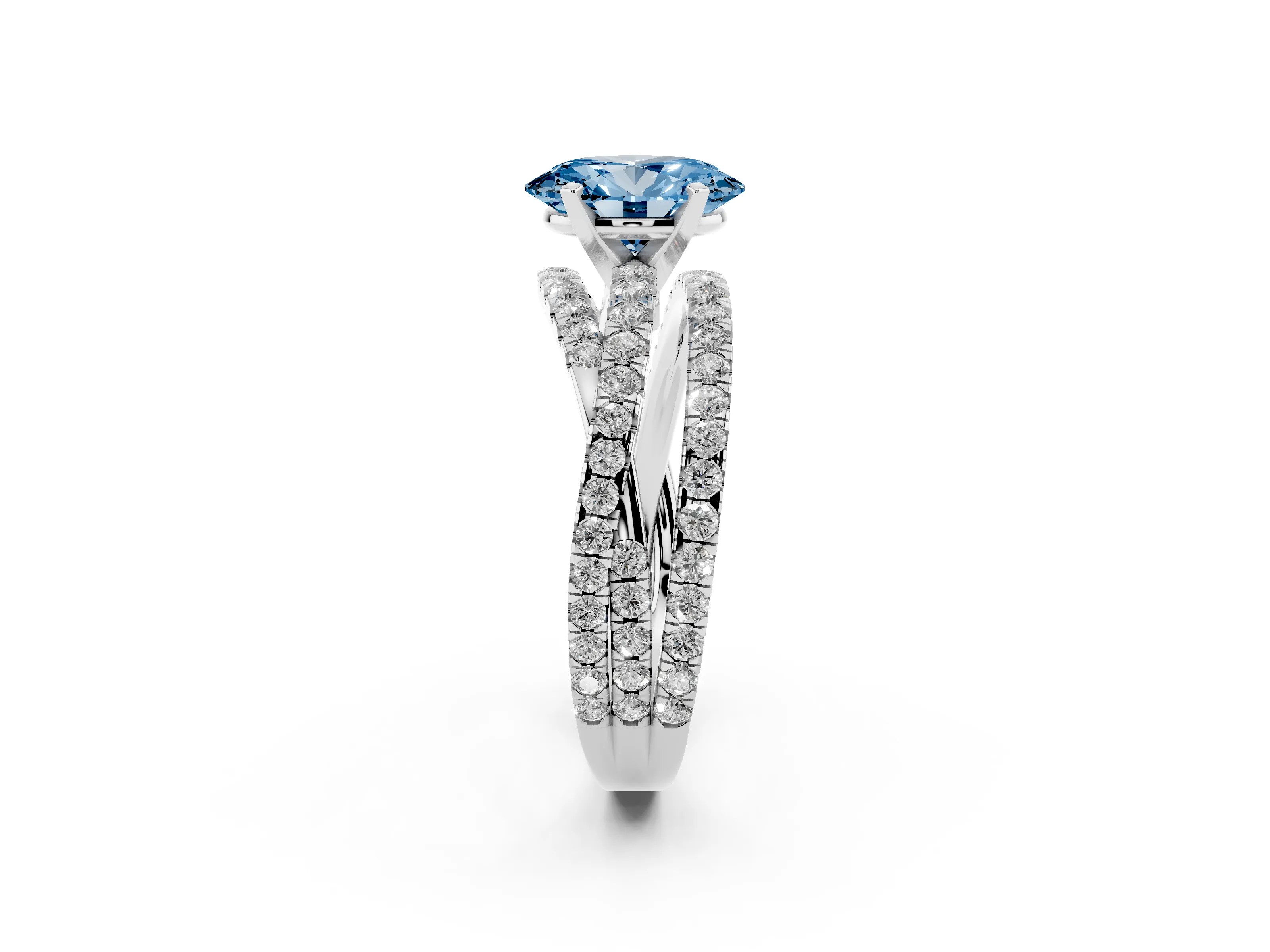 Fancy Blue Oval Cut Diamond Solitaire Twist Band Ring Set in Platinum with Pavé Setting and Prong Head