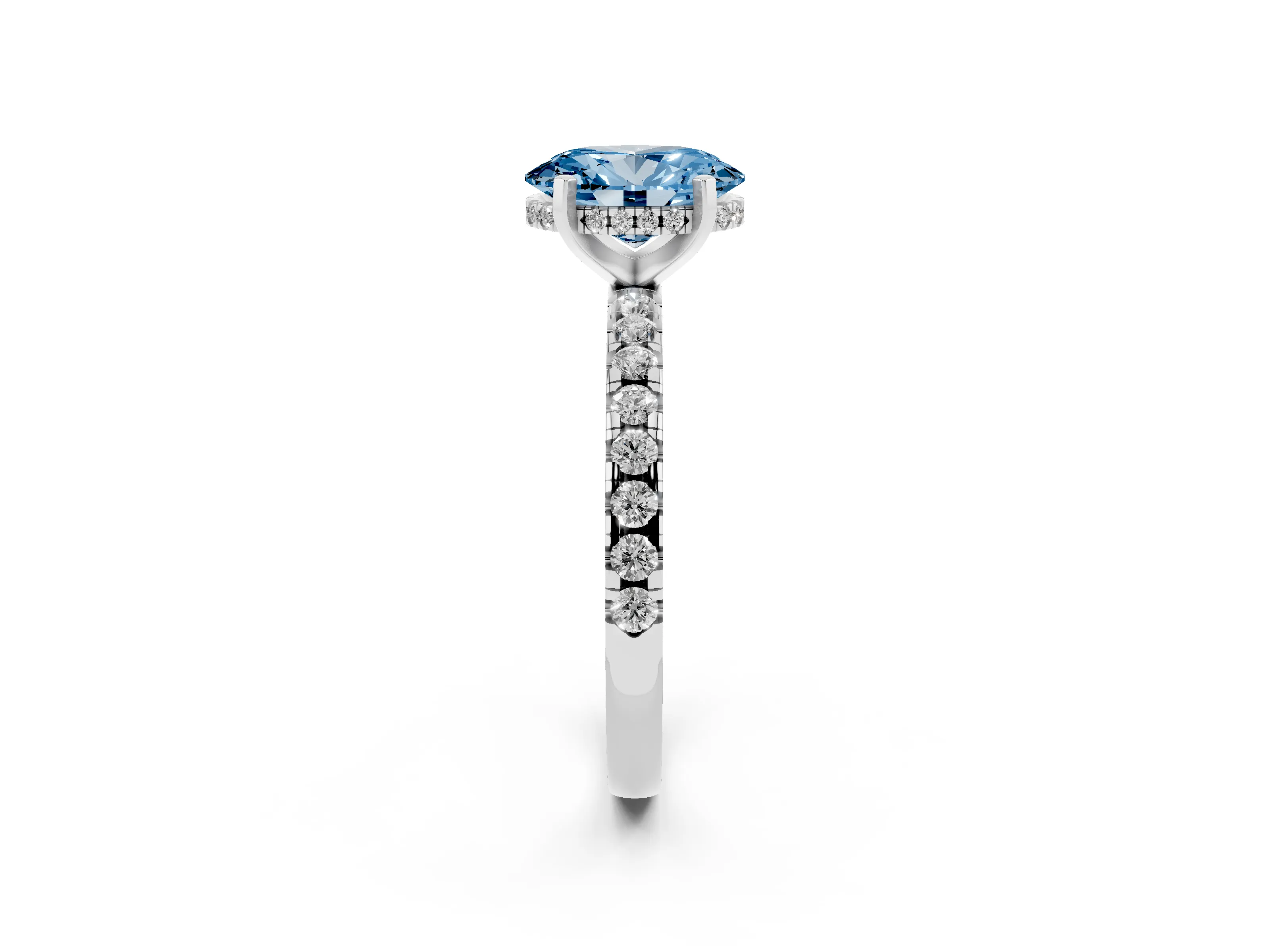Fancy Blue Oval Cut Diamond Pavé Solitaire Ring Set in Platinum with Round Band Accents and Prong Setting