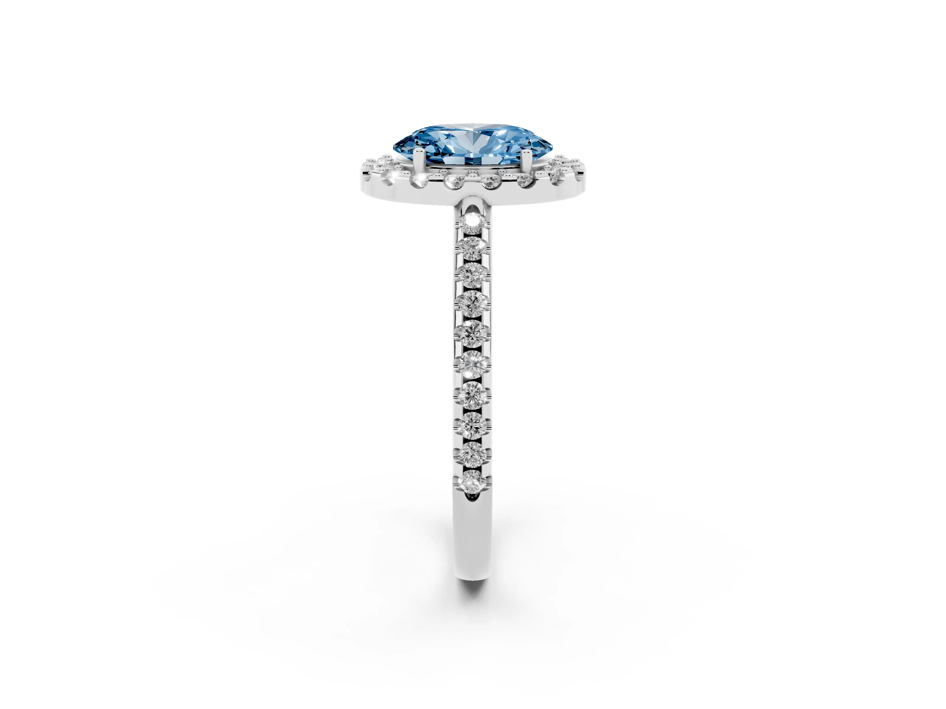 Fancy Blue Oval Cut Diamond Pavé Halo Ring Set in Platinum with Prong Setting