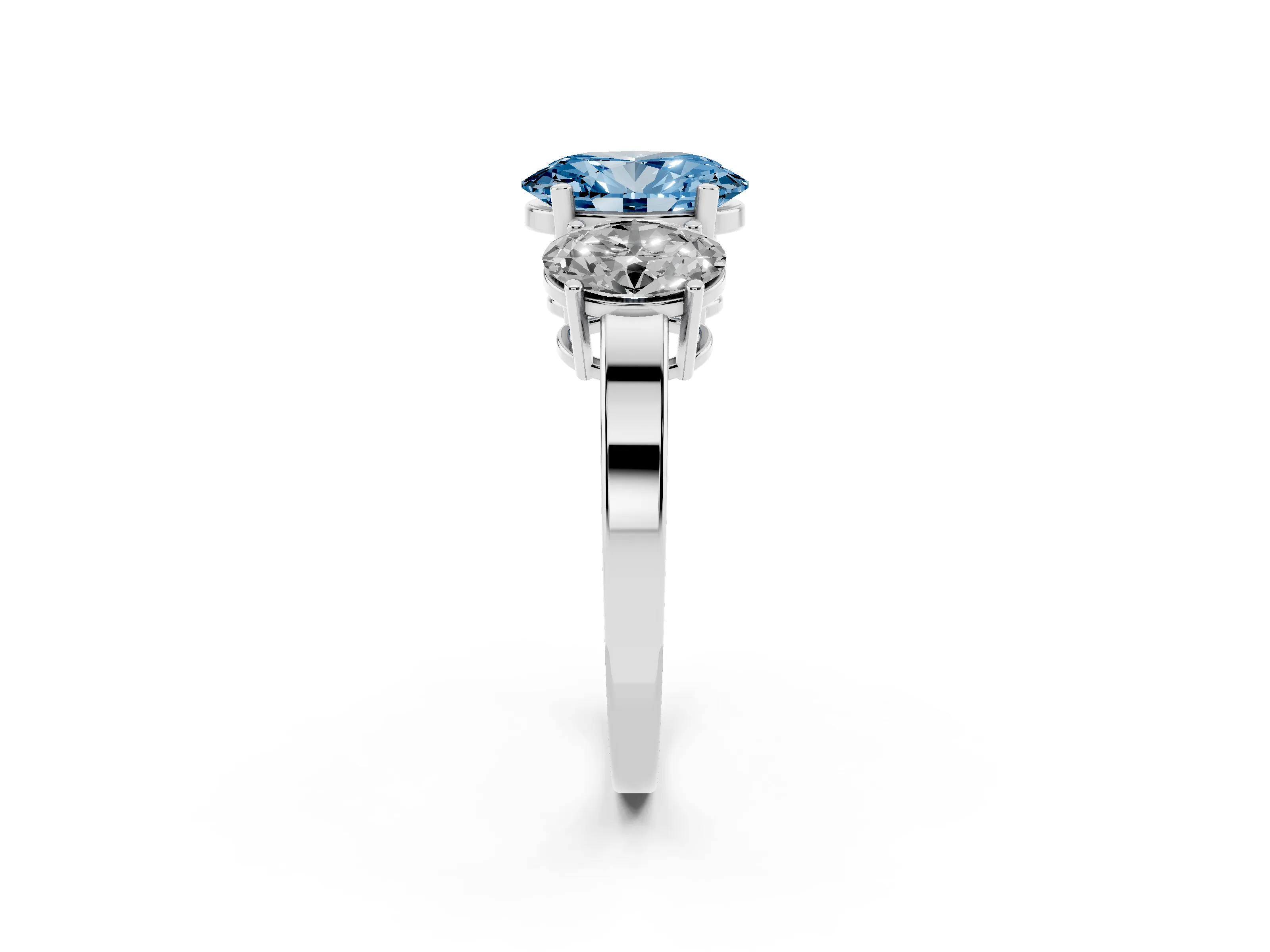 Fancy Blue Oval Cut Diamond Three-Stone Engagement Ring Set in Platinum with Flat Band