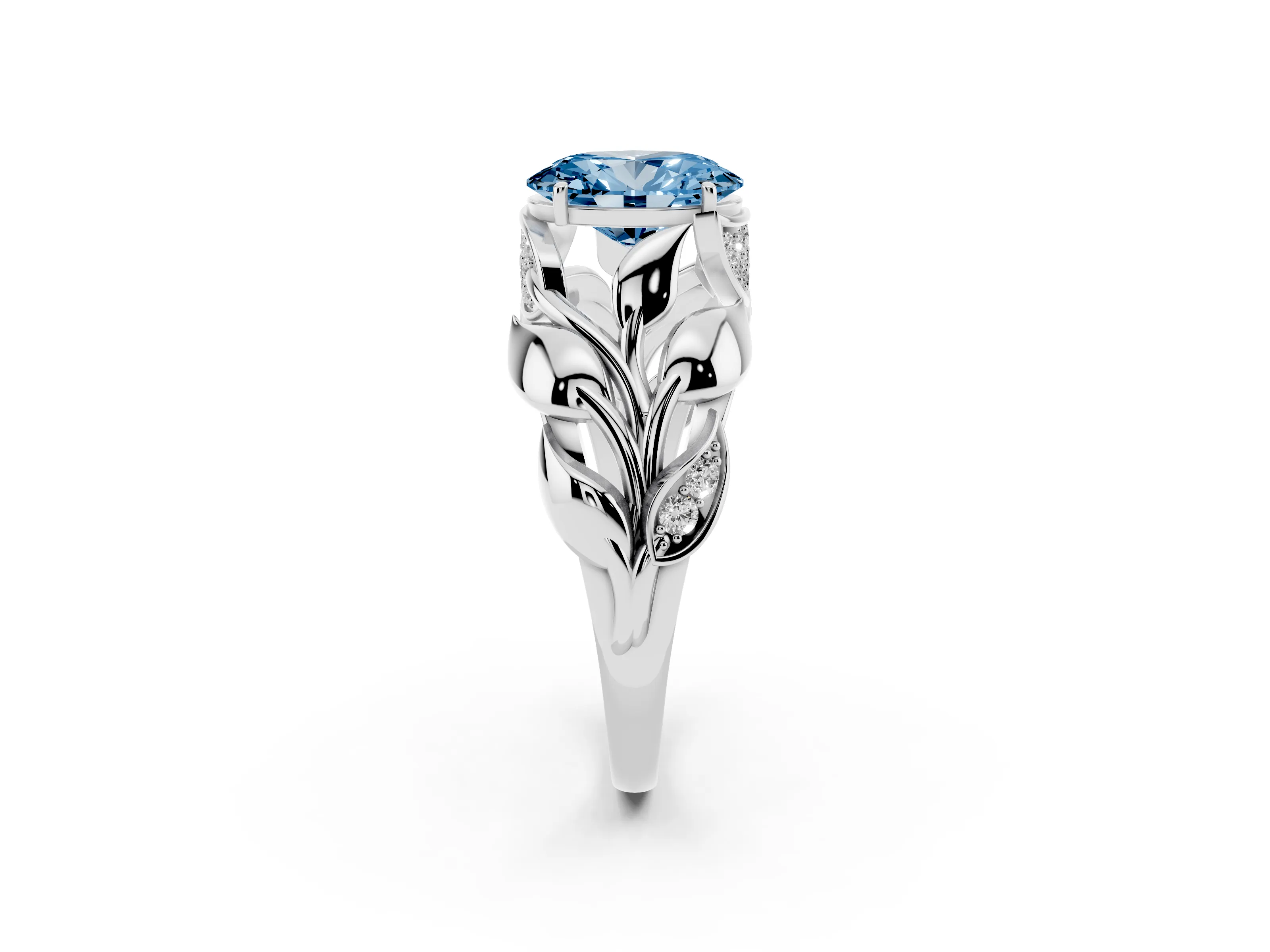 Fancy Blue Oval Cut Diamond Leaf-Inspired Engagement Ring Set in White gold with Round Accents