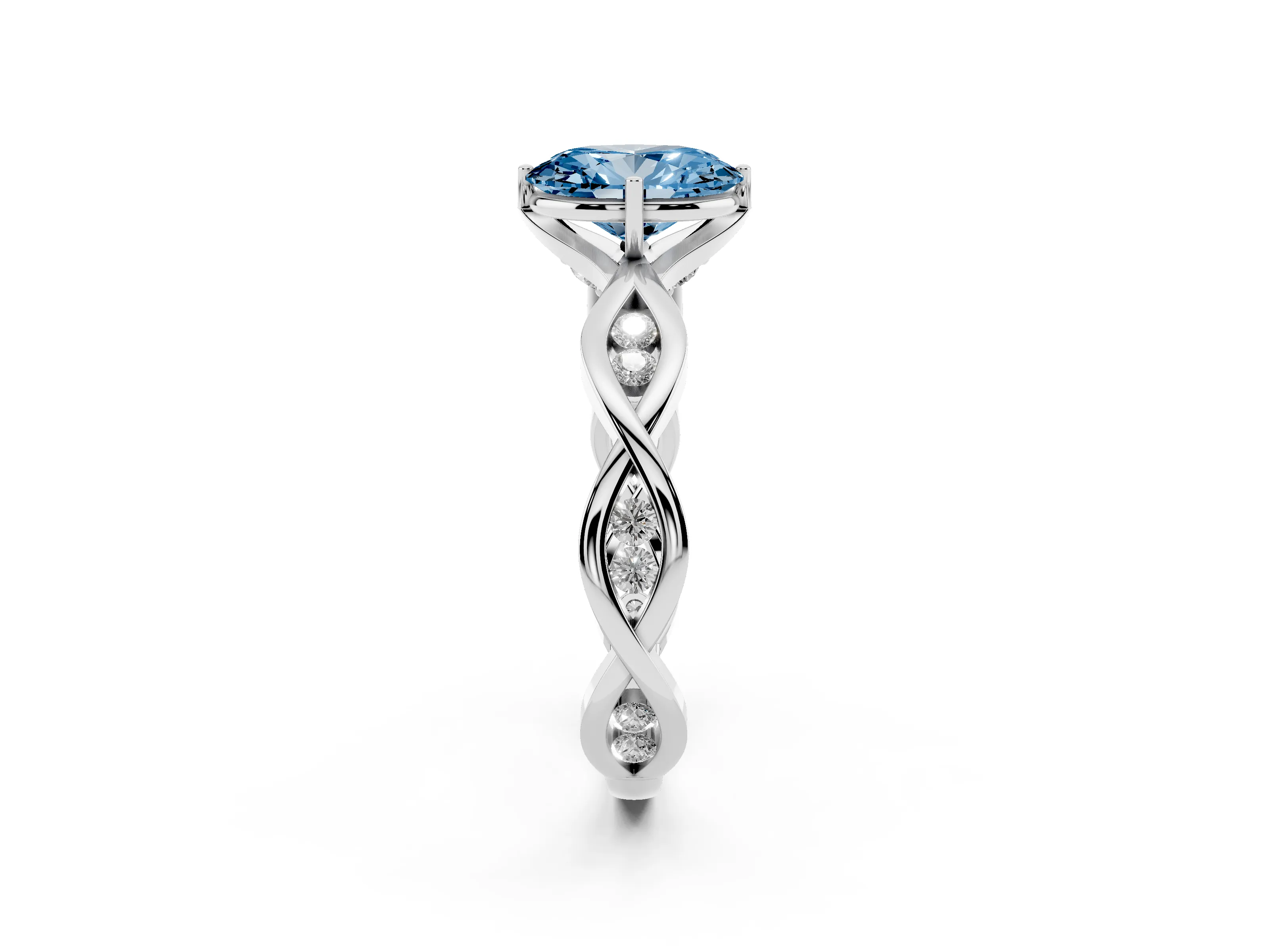 Fancy Blue Oval Cut Diamond Twist Band Solitaire Ring Set in Silver with Leaf Prong Setting and Accent Stones